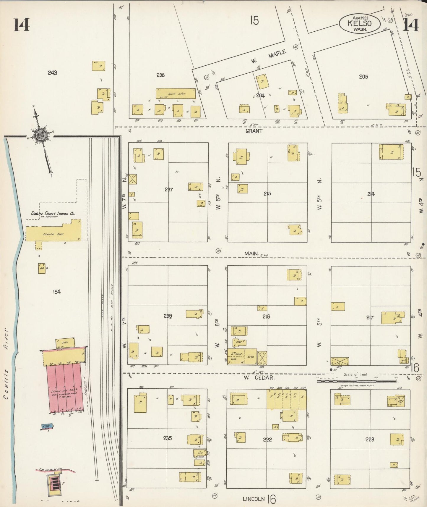 Sanborn Fire Insurance Map from Kelso, Cowlitz County, Washington (1923), Sheet #0014 - Complete Map Set gallery image, historic Sanborn map, vintage wall art, Washington Washington