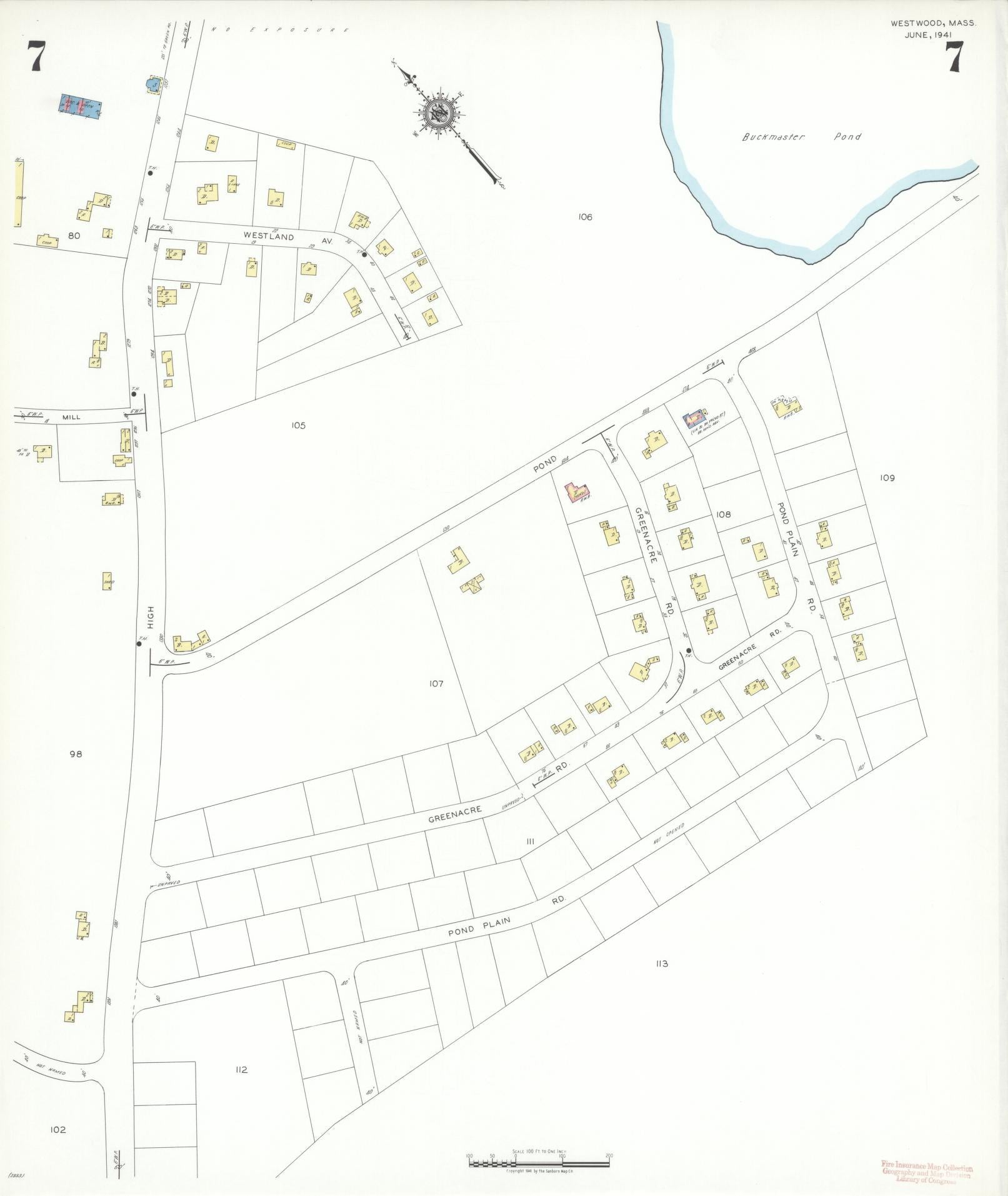 Sanborn Fire Insurance Map from Westwood, Norfolk County, Massachusetts (1941), Sheet #0007 - Complete Map Set gallery image, historic Sanborn map, vintage wall art, Massachusetts Massachusetts