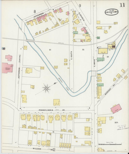 Sanborn Fire Insurance Map from Uniontown, Fayette County, Pennsylvania (1896), Sheet #0011 - Historic Sanborn Fire Insurance Map Print, vintage old map wall art, antique decor, genealogy gift, Pennsylvania Pennsylvania map
