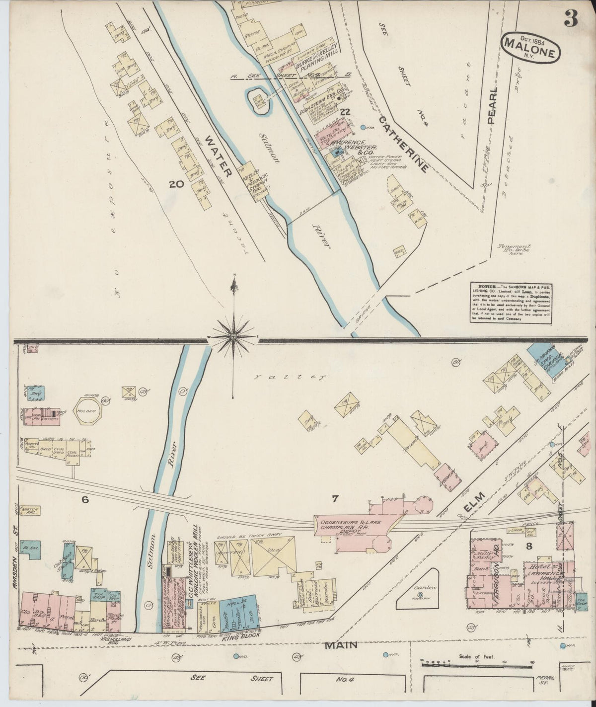 Sanborn Fire Insurance Map from Malone, Franklin County, New York (1884), Sheet #0003 - Historic Sanborn Fire Insurance Map Print, vintage old map wall art, antique decor, genealogy gift, New York New York map