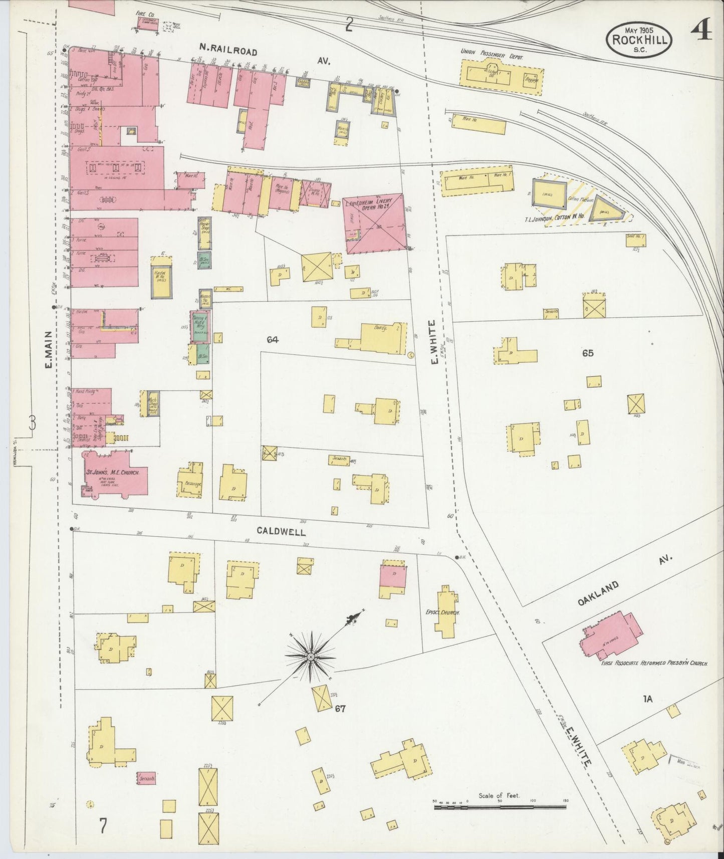 Sanborn Fire Insurance Map from Rock Hill, York County, South Carolina (1905), Sheet #0004 - Complete Map Set gallery image, historic Sanborn map, vintage wall art, South Carolina South Carolina