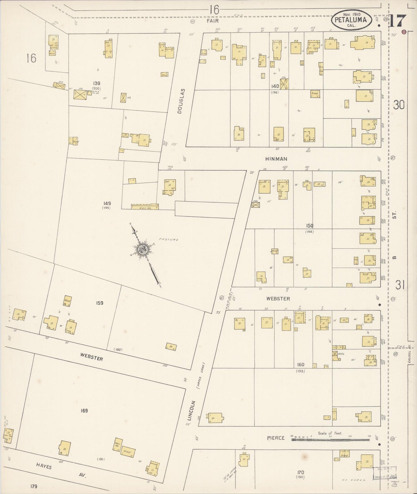 Sanborn Fire Insurance Map from Petaluma, Sonoma County, California (1910), Sheet #0017 - Complete Map Set gallery image, historic Sanborn map, vintage wall art, California California