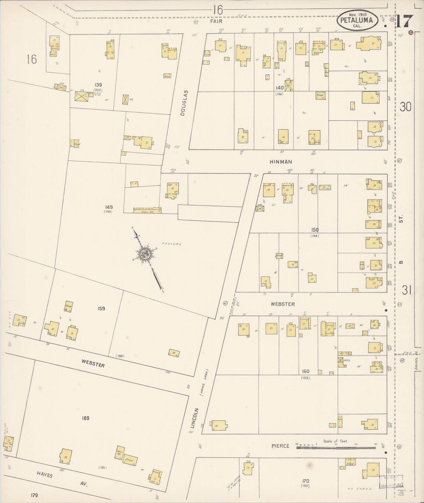Sanborn Fire Insurance Map from Petaluma, Sonoma County, California (1910), Sheet #0017 - Complete Map Set gallery image, historic Sanborn map, vintage wall art, California California