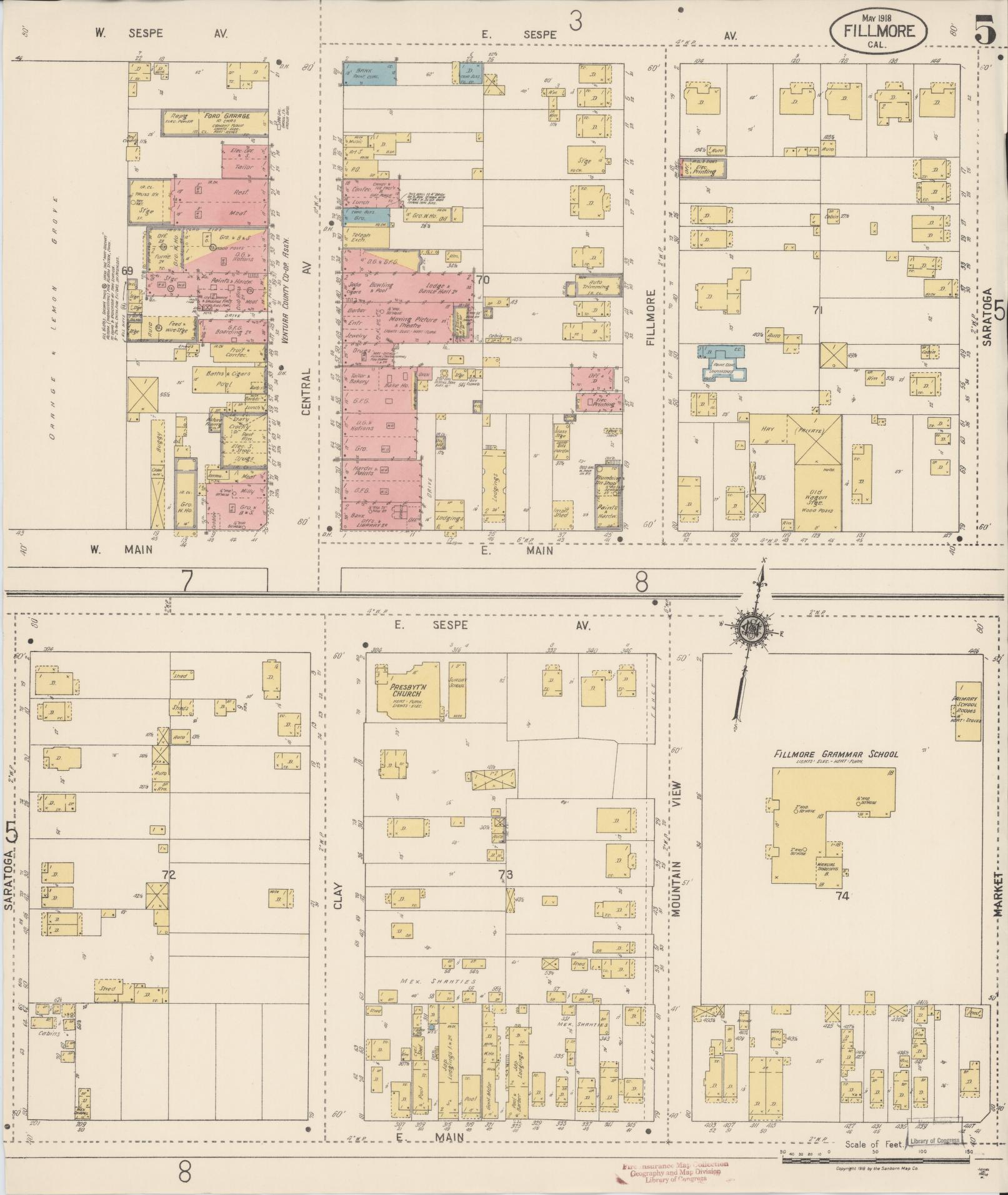 Sanborn Fire Insurance Map from Fillmore, Ventura County, California (1918), Sheet #0005 - Historic Sanborn Fire Insurance Map Print, vintage old map wall art, antique decor, genealogy gift, California California map