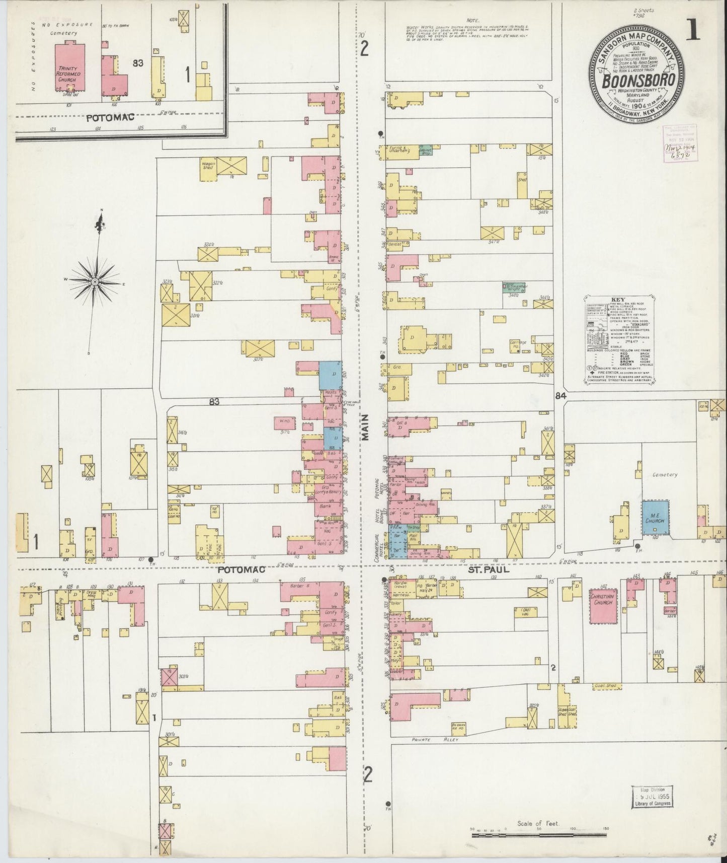 Sanborn Fire Insurance Map from Boonsboro, Washington County, Maryland (1904), Sheet #0001 - Historic Sanborn Fire Insurance Map Print, vintage old map wall art, antique decor, genealogy gift, Maryland Maryland map