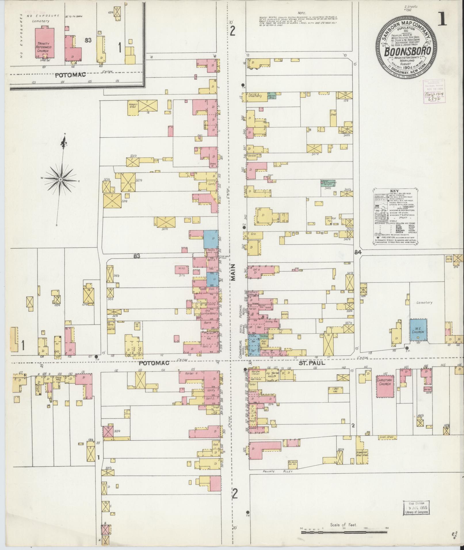 Sanborn Fire Insurance Map from Boonsboro, Washington County, Maryland (1904), Sheet #0001 - Historic Sanborn Fire Insurance Map Print, vintage old map wall art, antique decor, genealogy gift, Maryland Maryland map