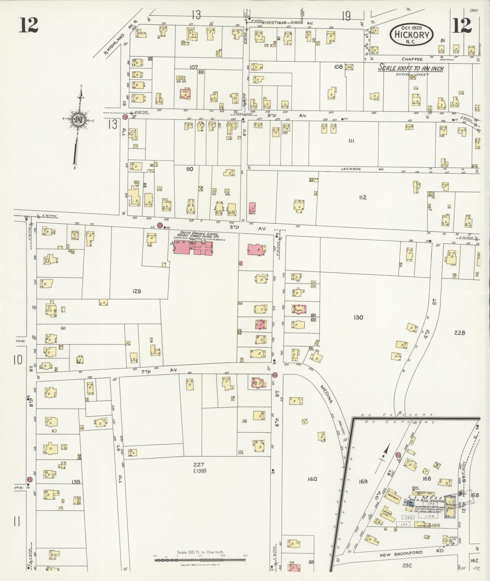 Sanborn Fire Insurance Map from Hickory, Catawba County, North Carolina (1925), Sheet #0012 - Complete Map Set gallery image, historic Sanborn map, vintage wall art, North Carolina North Carolina