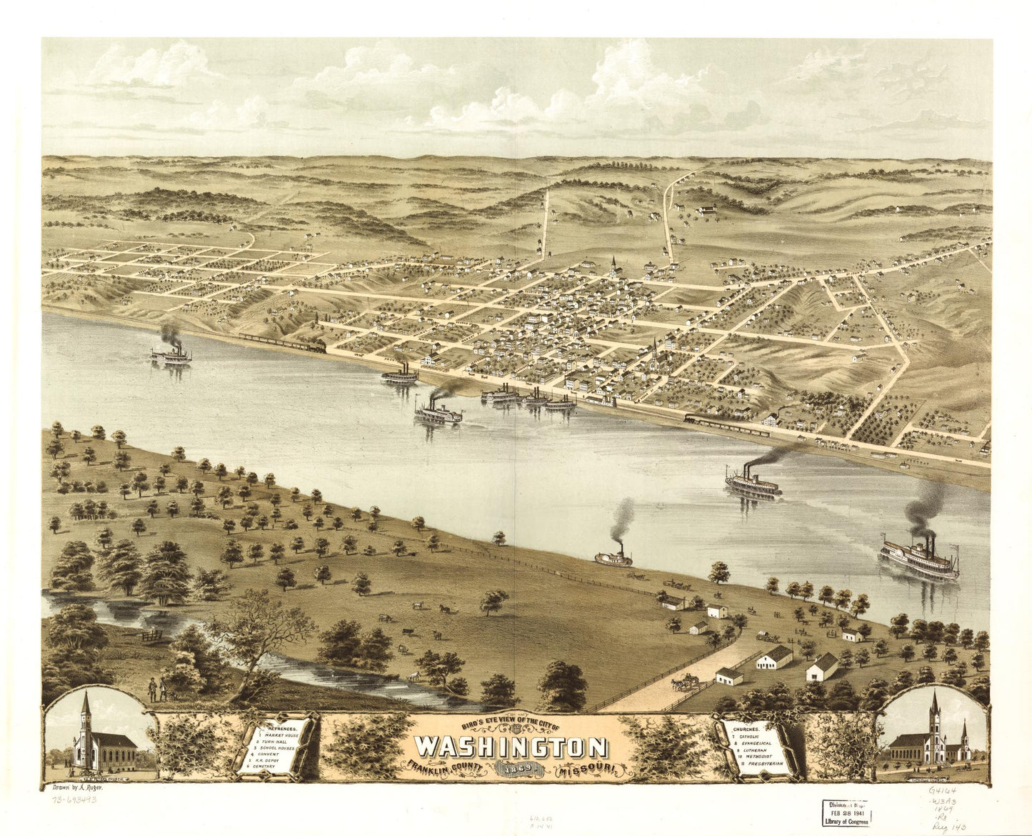 Bird's eye view of the city of Washington, Franklin County, Missouri 1869. (1869) – Historic Bird’s-Eye View Panorama Print