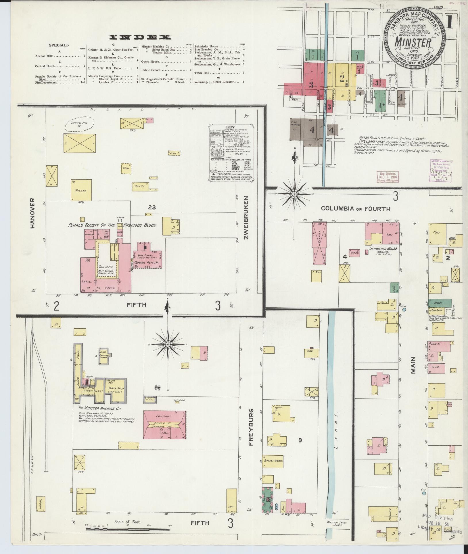 Sanborn Fire Insurance Map from Minster, Auglaize County, Ohio (1907), Sheet #0001 - Historic Sanborn Fire Insurance Map Print, vintage old map wall art, antique decor, genealogy gift, Ohio Ohio map