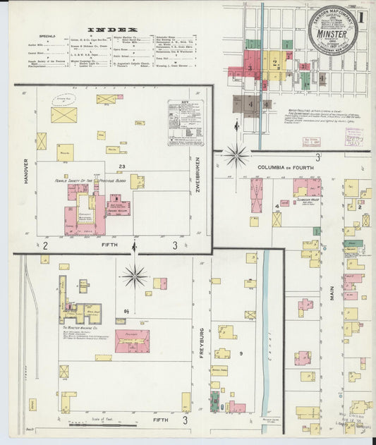 Sanborn Fire Insurance Map from Minster, Auglaize County, Ohio (1907), Sheet #0001 - Historic Sanborn Fire Insurance Map Print, vintage old map wall art, antique decor, genealogy gift, Ohio Ohio map