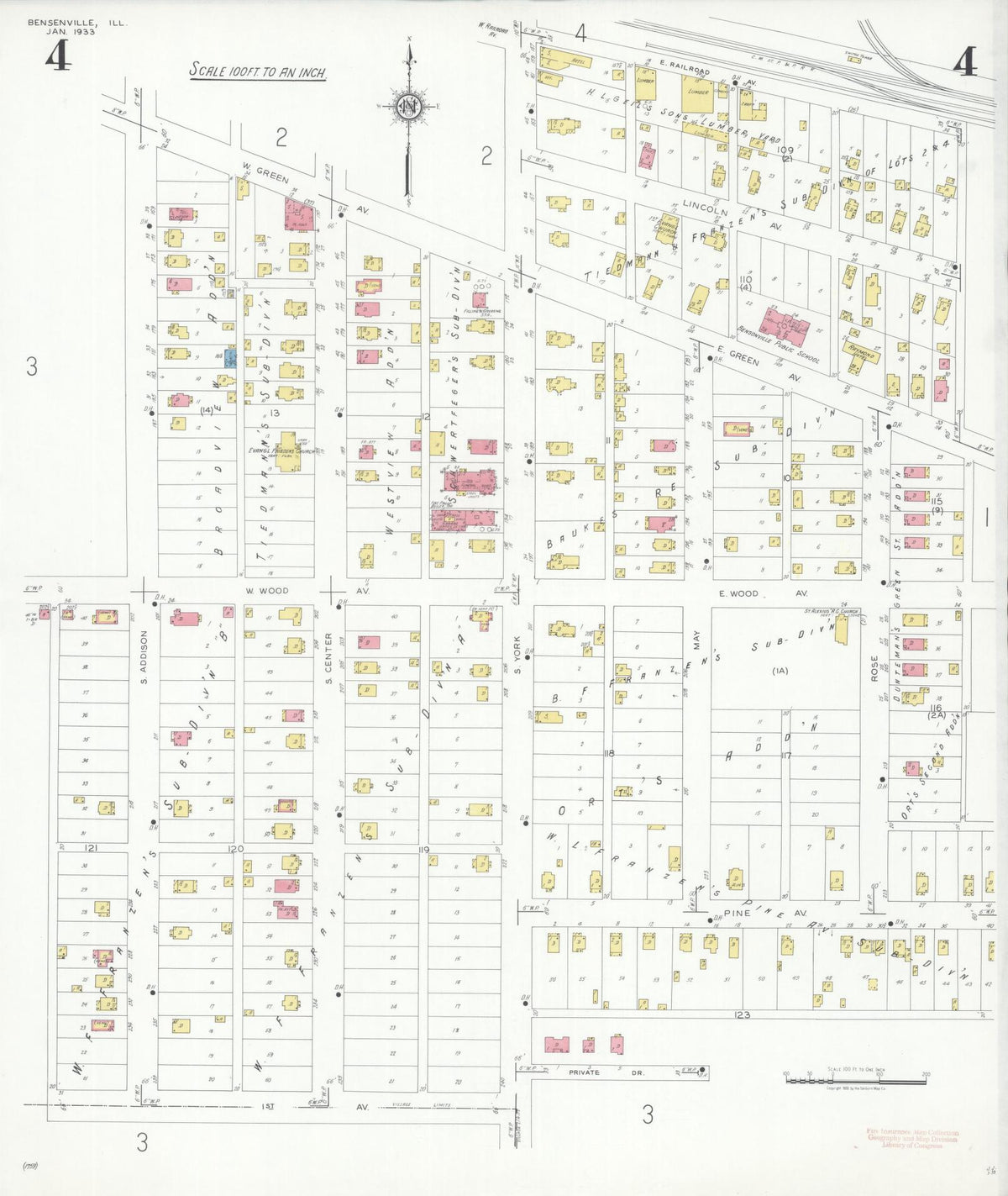 Sanborn Fire Insurance Map from Bensenville, Dupage County, Illinois (1933), Sheet #0004 - Complete Map Set gallery image, historic Sanborn map, vintage wall art, Illinois Illinois