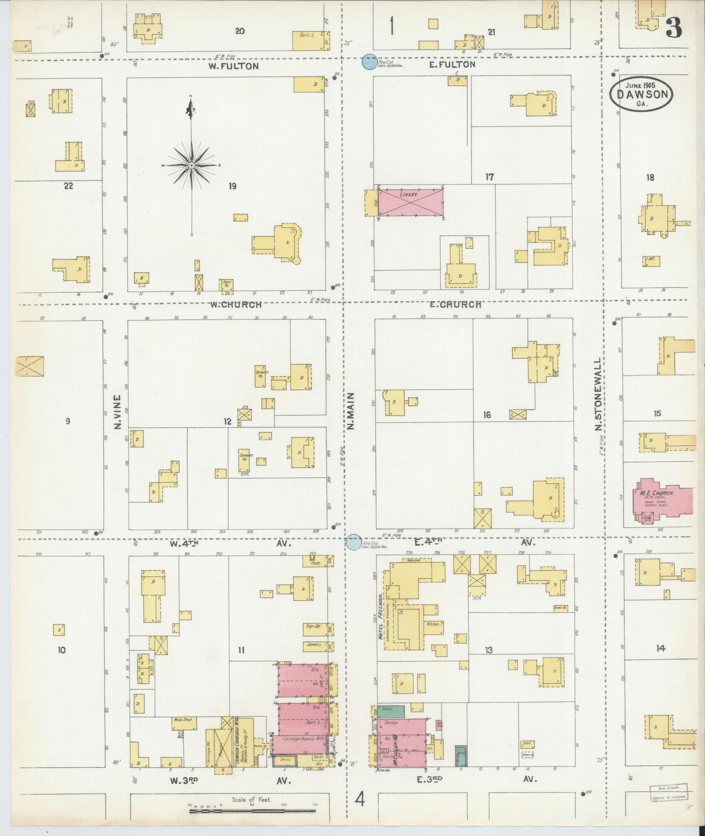 Sanborn Fire Insurance Map from Dawson, Terrell County, Georgia (1905), Sheet #0003 - Complete Map Set gallery image, historic Sanborn map, vintage wall art, Georgia Georgia