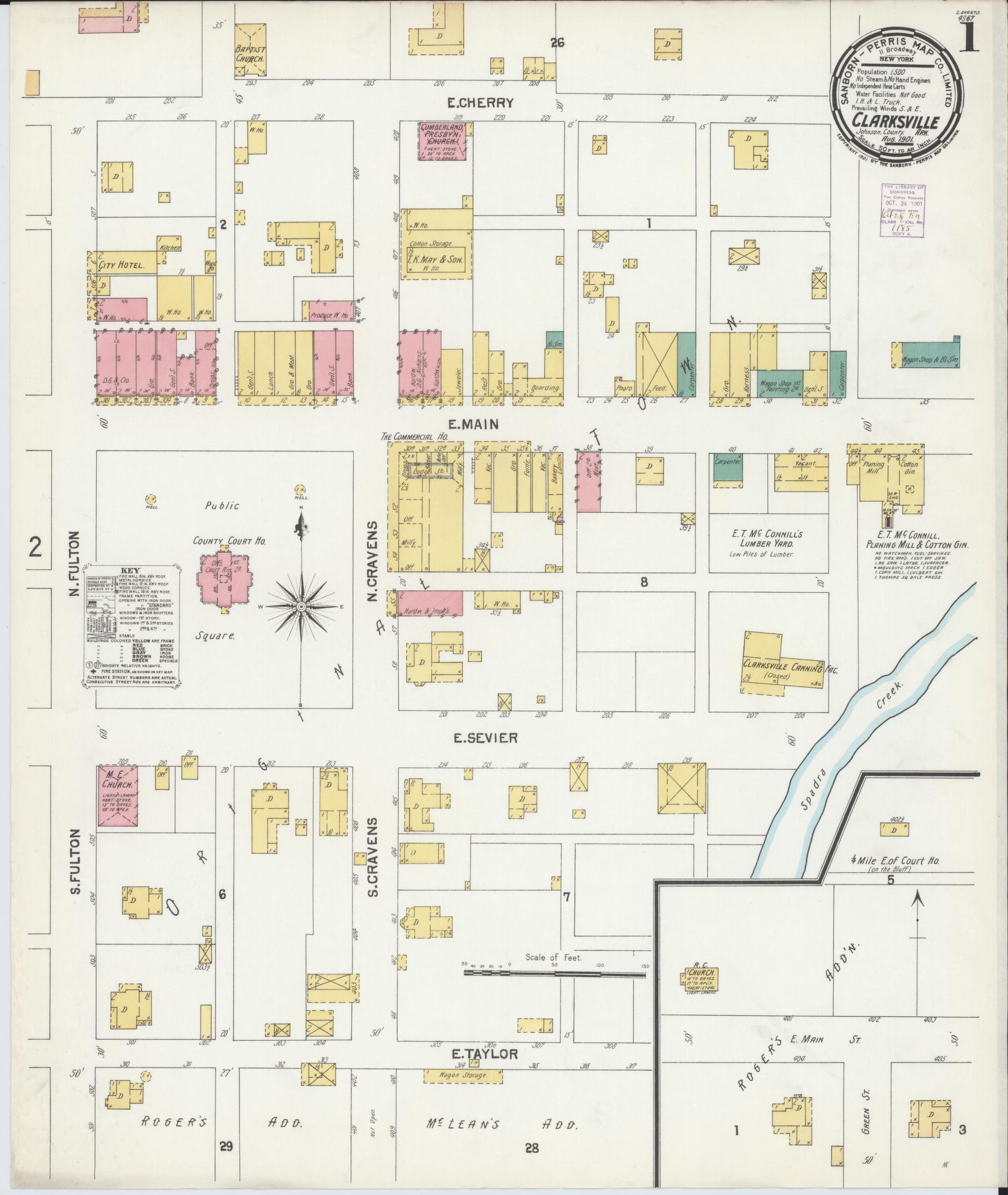 Sanborn Fire Insurance Map from Clarksville, Johnson County, Arkansas (1901), Sheet #0001 - Complete Map Set gallery image, historic Sanborn map, vintage wall art, Arkansas Arkansas