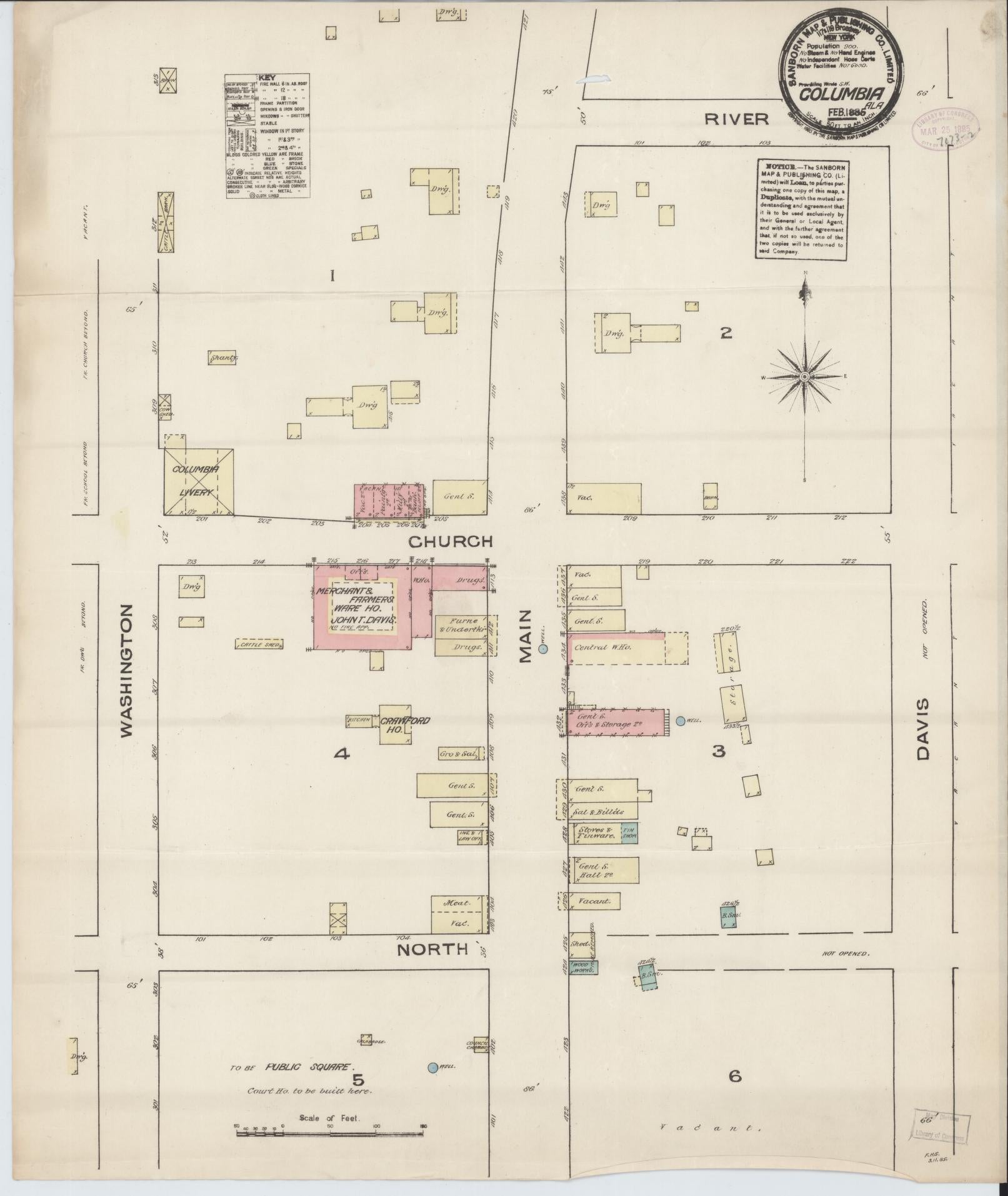 Sanborn Fire Insurance Map from Columbia, Houston County, Alabama (1885), Sheet #0001 - Historic Sanborn Fire Insurance Map Print, vintage old map wall art, antique decor, genealogy gift, Alabama Alabama map