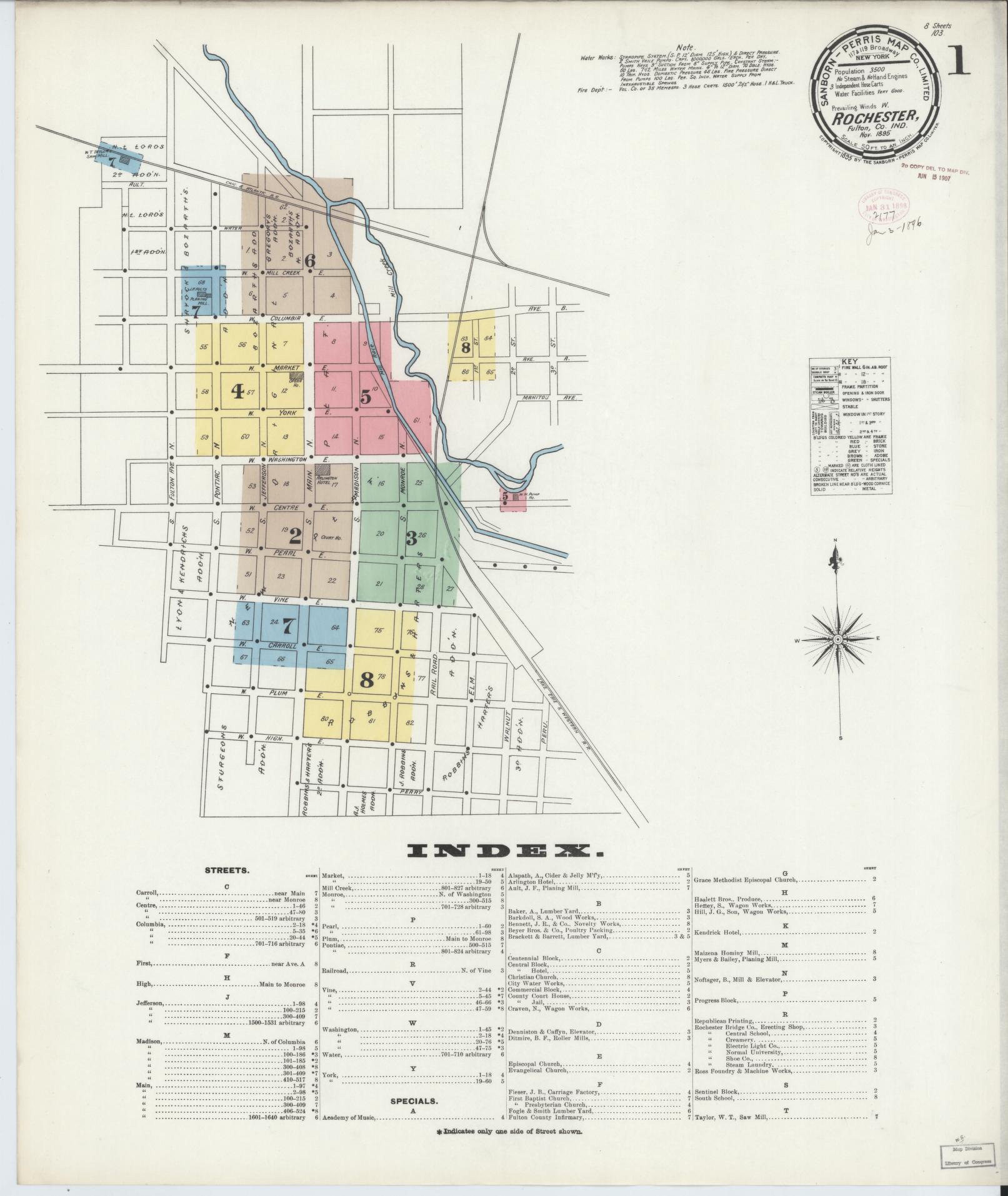 Sanborn Fire Insurance Map from Rochester, Fulton County, Indiana (1895), Sheet #0001 - Complete Map Set gallery image, historic Sanborn map, vintage wall art, Indiana Indiana