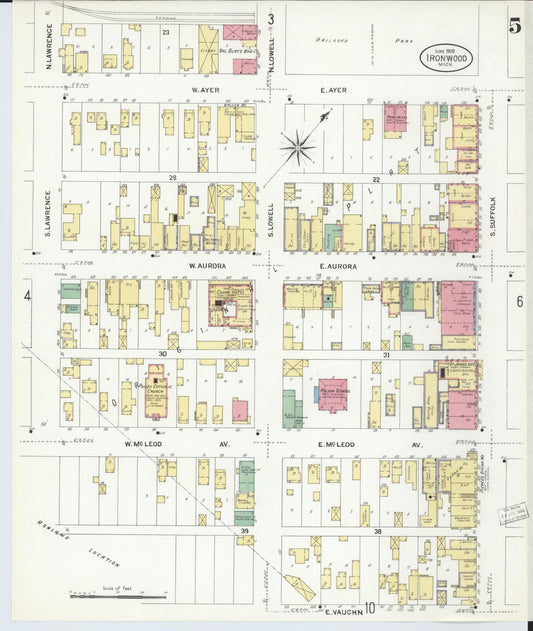 Sanborn Fire Insurance Map from Ironwood, Gogebic County, Michigan (1908), Sheet #0005 - Historic Sanborn Fire Insurance Map Print, vintage old map wall art, antique decor, genealogy gift, Michigan Michigan map