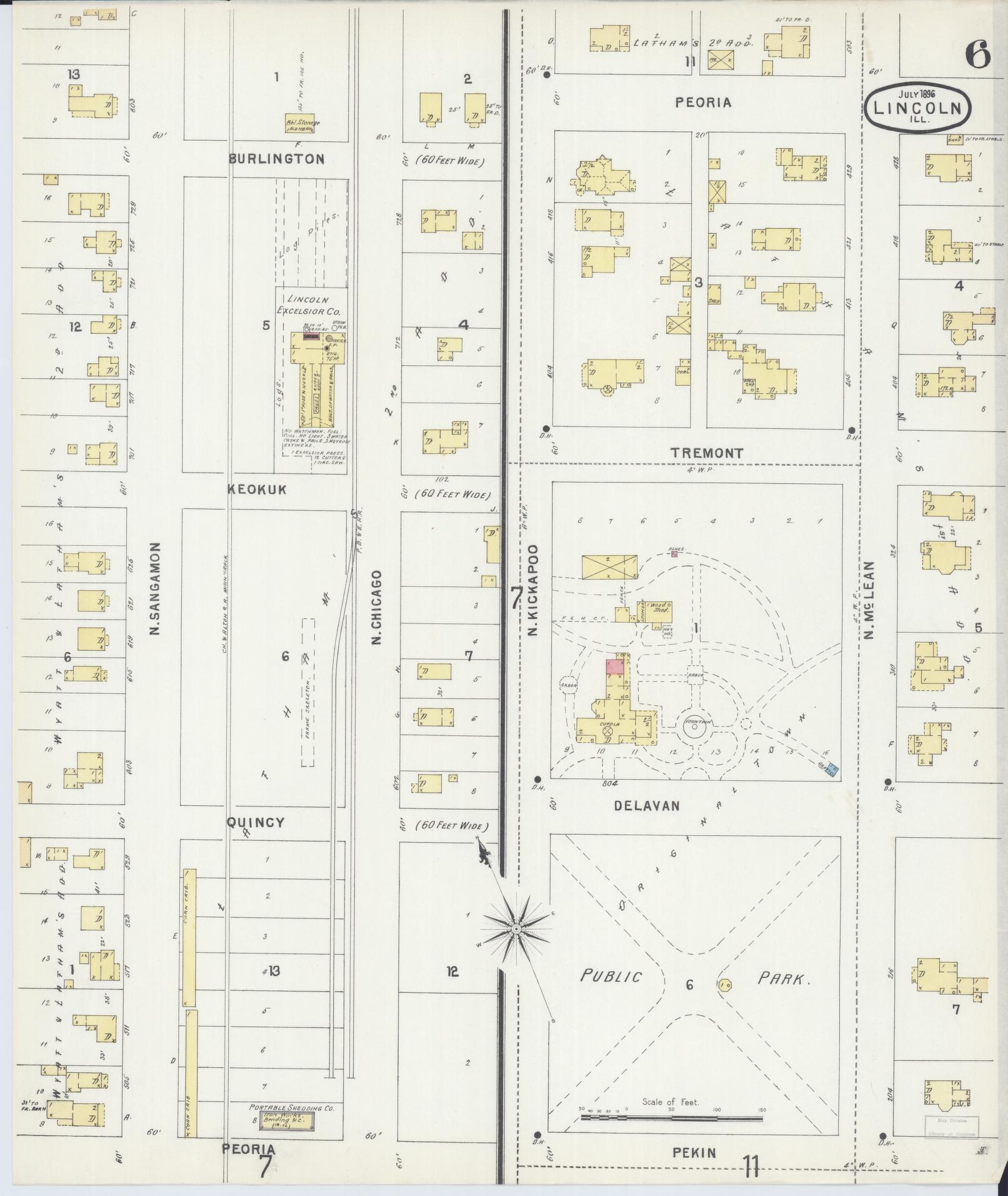 Sanborn Fire Insurance Map from Lincoln, Logan County, Illinois (1896), Sheet #0006 - Historic Sanborn Fire Insurance Map Print, vintage old map wall art, antique decor, genealogy gift, Illinois Illinois map
