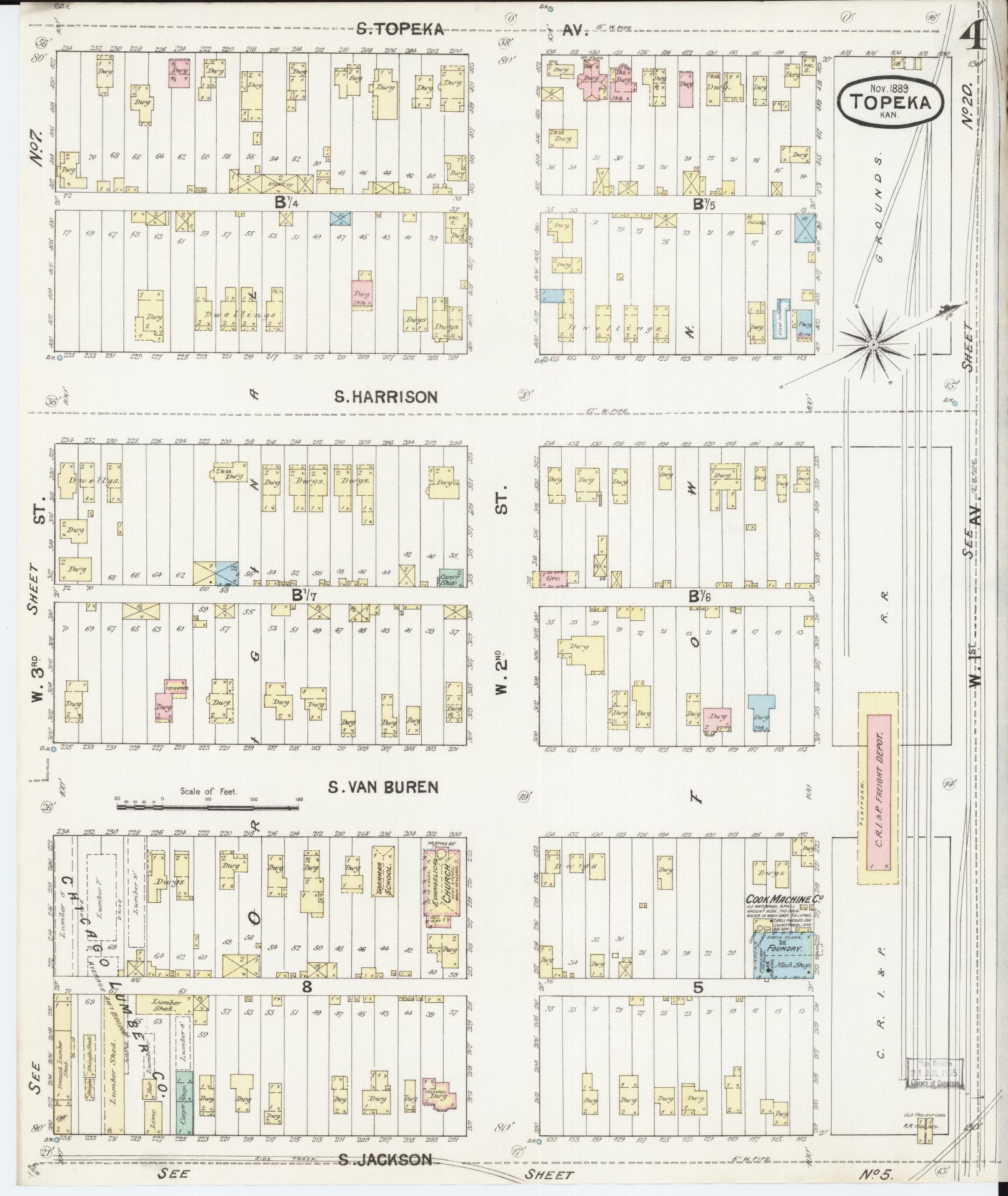 Sanborn Fire Insurance Map from Topeka, Shawnee County, Kansas (1889), Sheet #0005 - Complete Map Set gallery image, historic Sanborn map, vintage wall art, Kansas Kansas