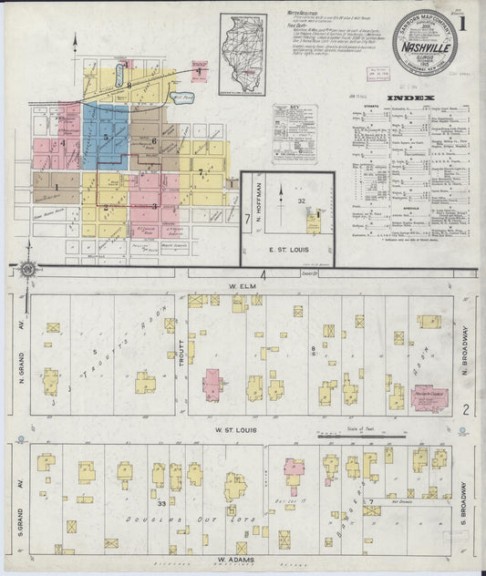 Sanborn Fire Insurance Map from Nashville, Washington County, Illinois (1915), Sheet #0001 - Historic Sanborn Fire Insurance Map Print, vintage old map wall art, antique decor, genealogy gift, Illinois Illinois map