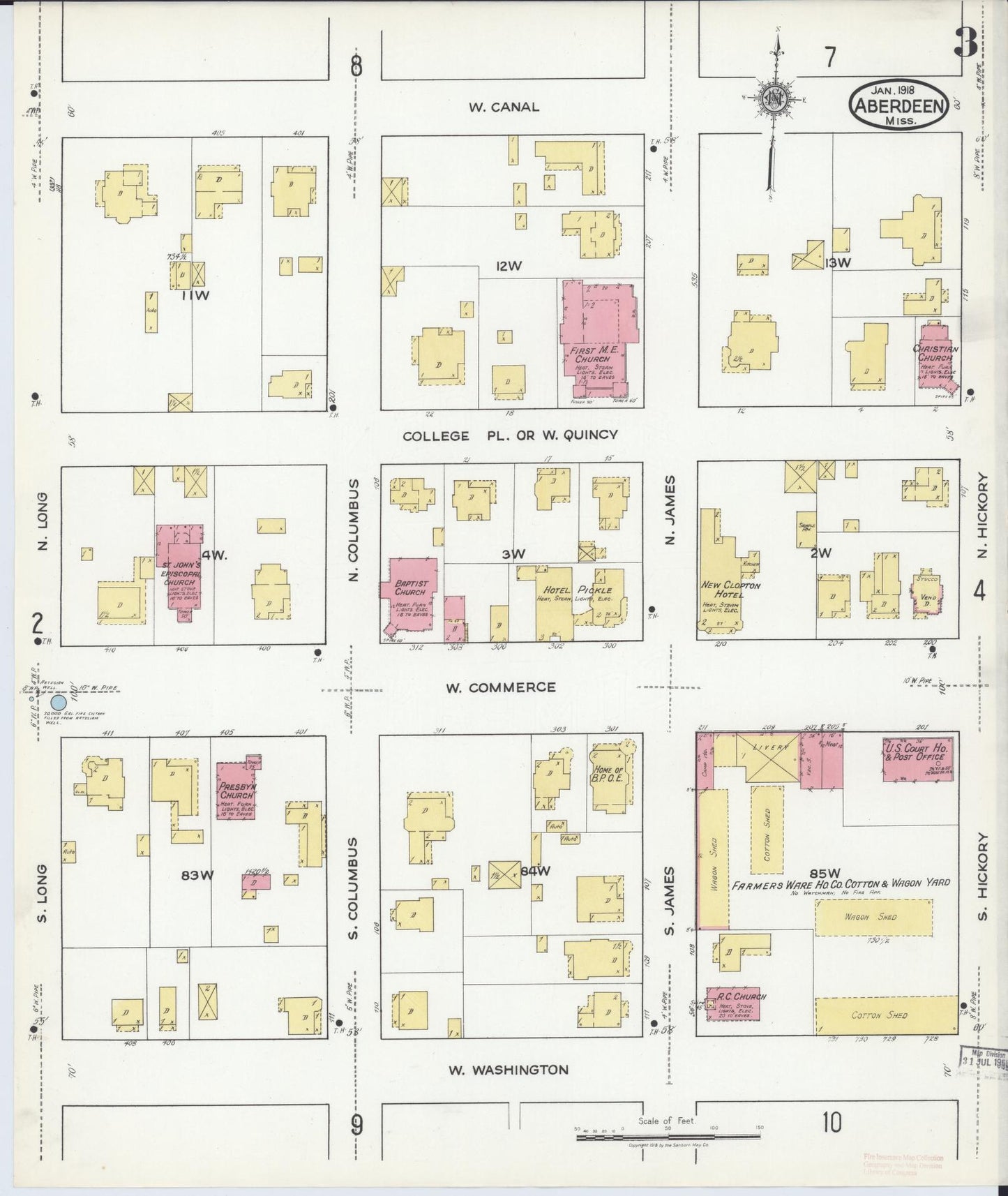 Sanborn Fire Insurance Map from Aberdeen, Monroe County, Mississippi (1918), Sheet #0003 - Complete Map Set gallery image, historic Sanborn map, vintage wall art, Mississippi Mississippi