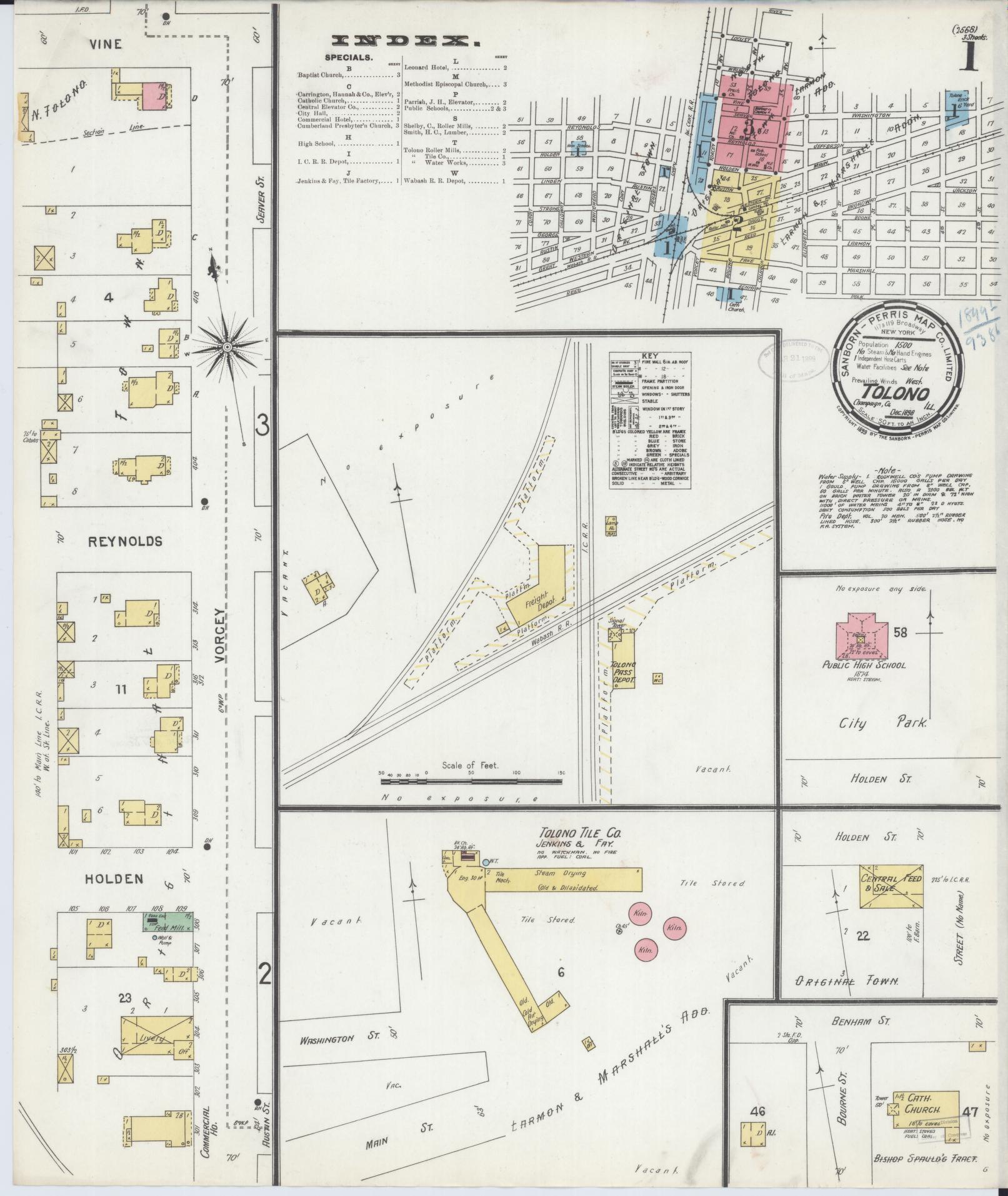 Sanborn Fire Insurance Map from Tolono, Champaign County, Illinois (1898), Sheet #0001 - Historic Sanborn Fire Insurance Map Print, vintage old map wall art, antique decor, genealogy gift, Illinois Illinois map