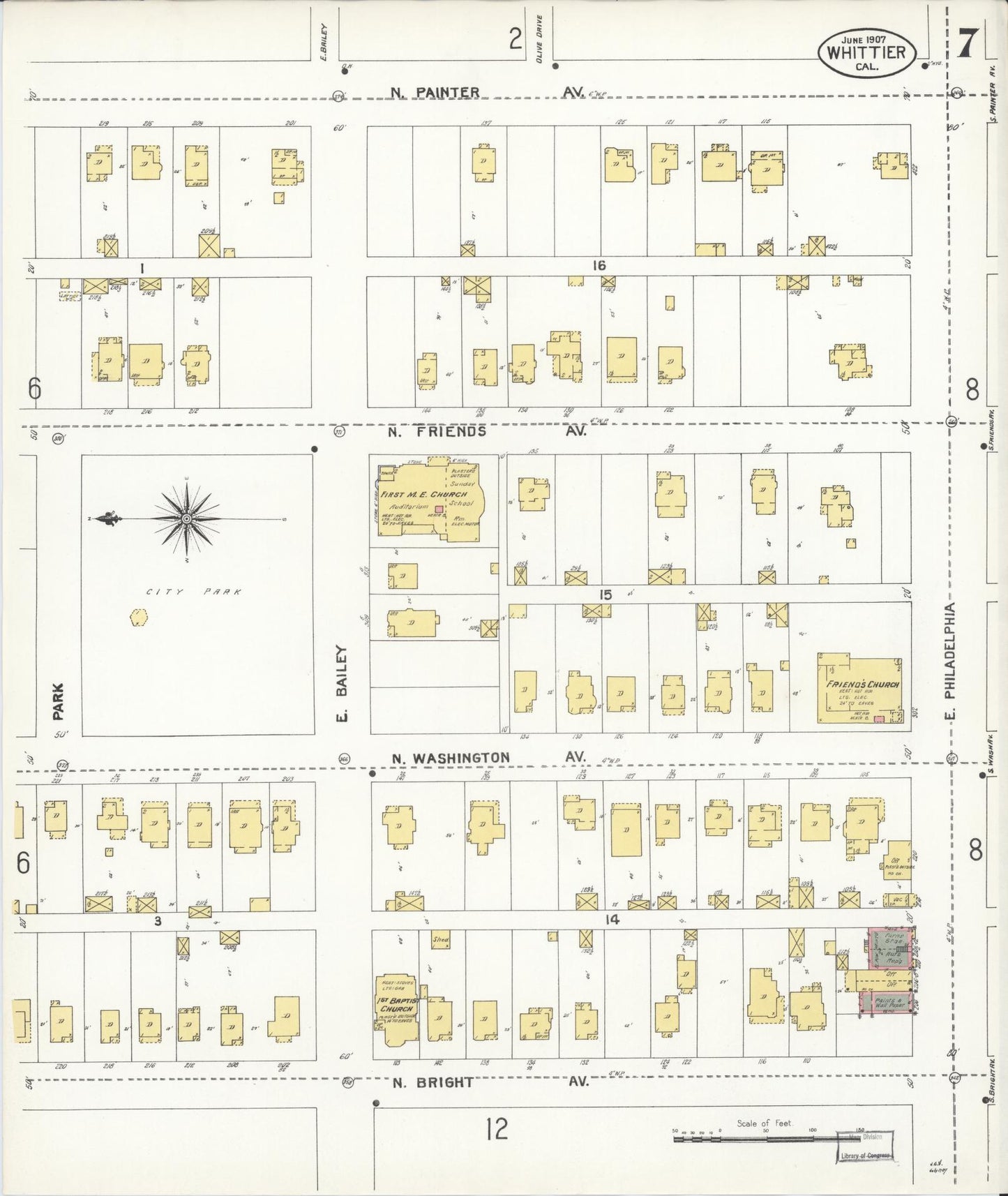Sanborn Fire Insurance Map from Whittier, Los Angeles County, California (1907), Sheet #0007 - Complete Map Set gallery image, historic Sanborn map, vintage wall art, California California