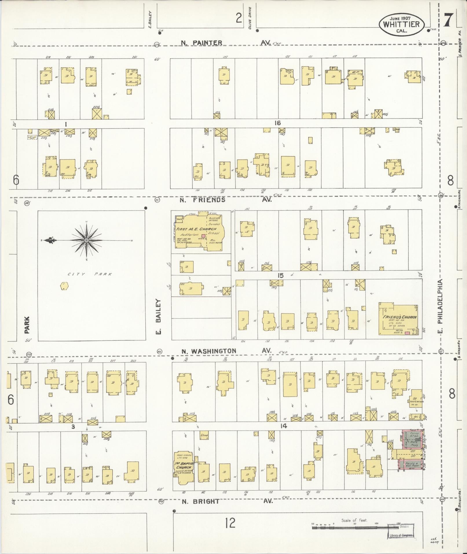 Sanborn Fire Insurance Map from Whittier, Los Angeles County, California (1907), Sheet #0007 - Complete Map Set gallery image, historic Sanborn map, vintage wall art, California California