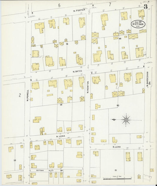 Sanborn Fire Insurance Map from Dothan, Houston County, Alabama (1907), Sheet #0003 - Historic Sanborn Fire Insurance Map Print, vintage old map wall art, antique decor, genealogy gift, Alabama Alabama map