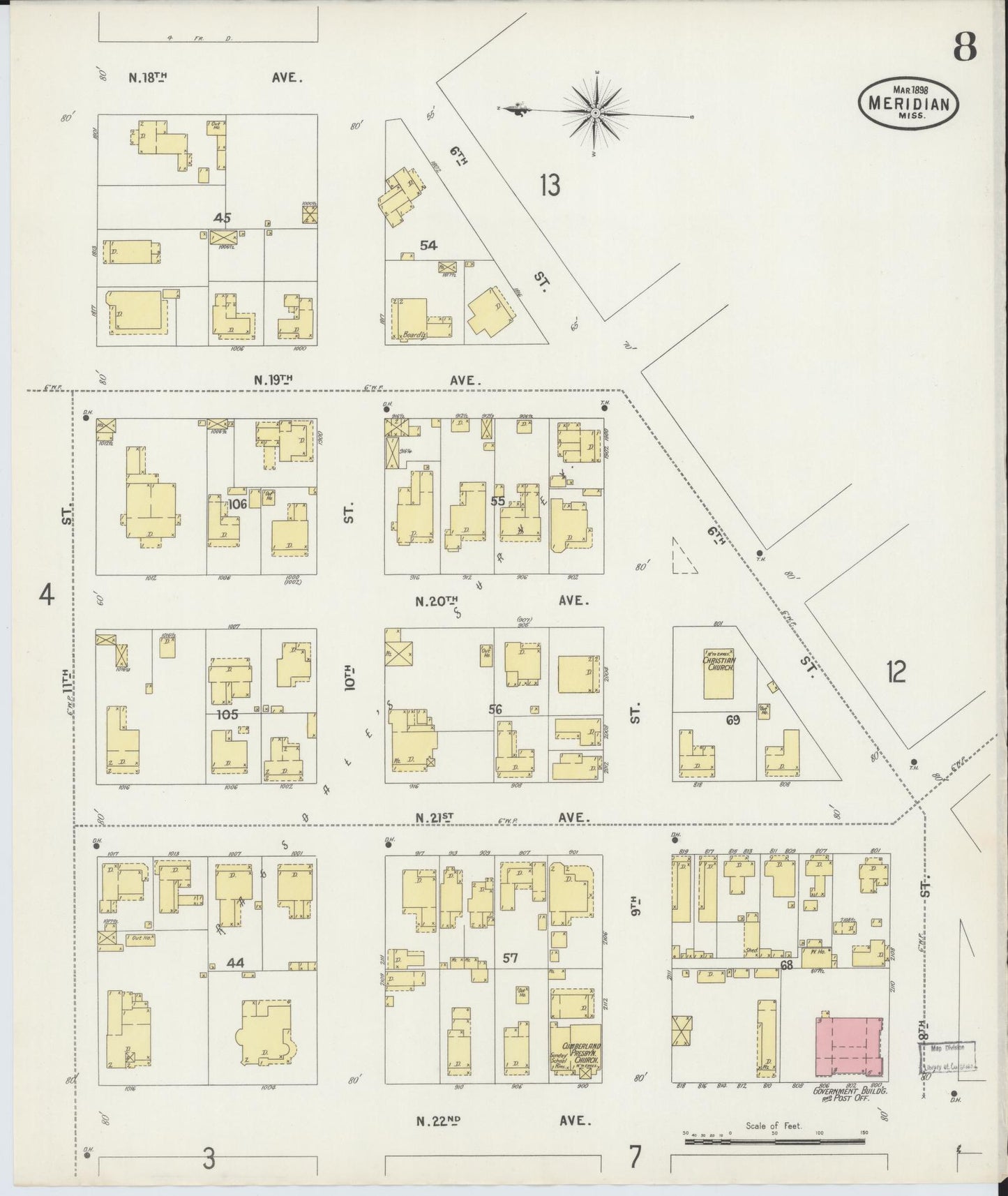 Sanborn Fire Insurance Map from Meridian, Lauderdale County, Mississippi (1898), Sheet #0008 - Complete Map Set gallery image, historic Sanborn map, vintage wall art, Mississippi Mississippi