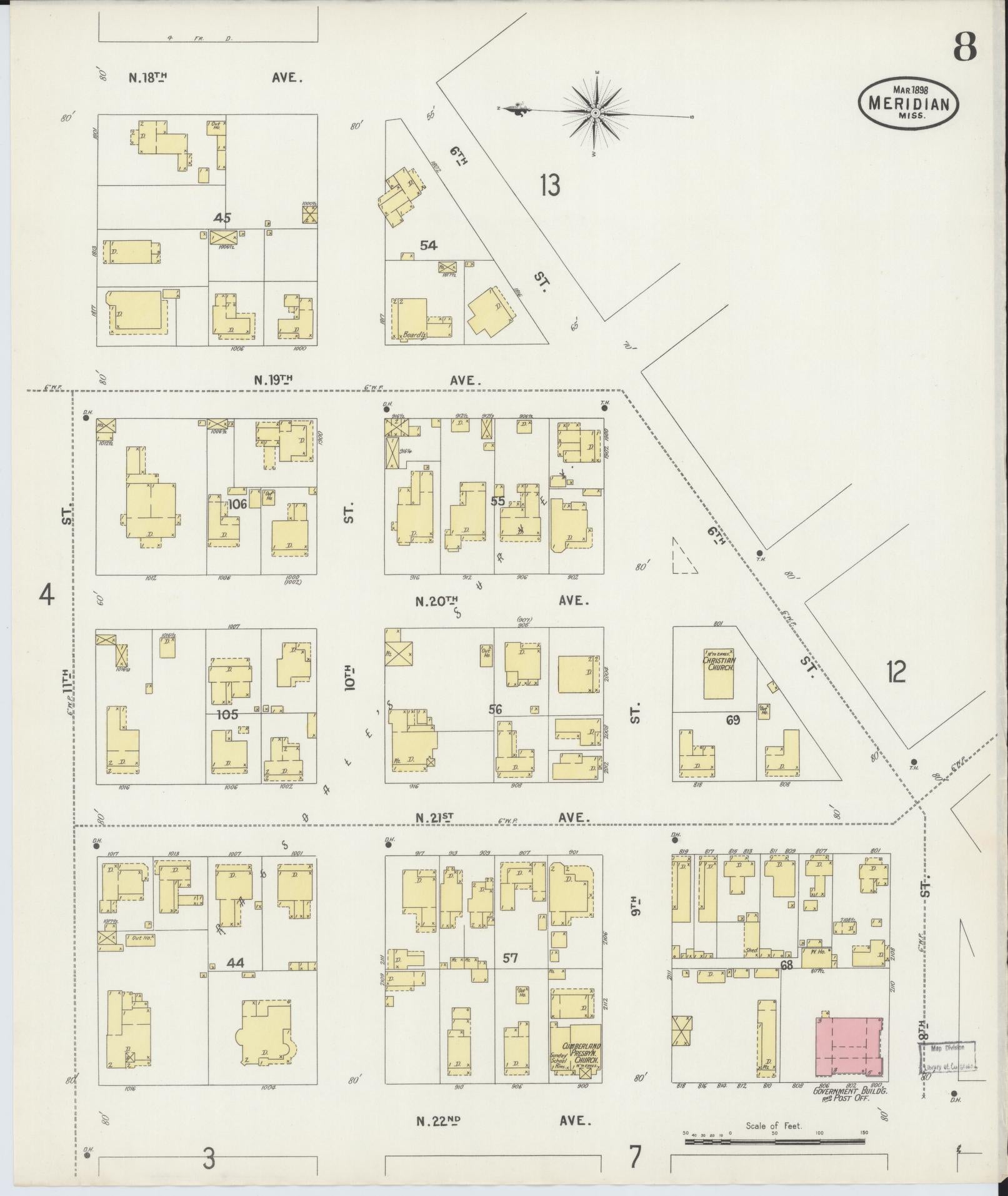 Sanborn Fire Insurance Map from Meridian, Lauderdale County, Mississippi (1898), Sheet #0008 - Complete Map Set gallery image, historic Sanborn map, vintage wall art, Mississippi Mississippi
