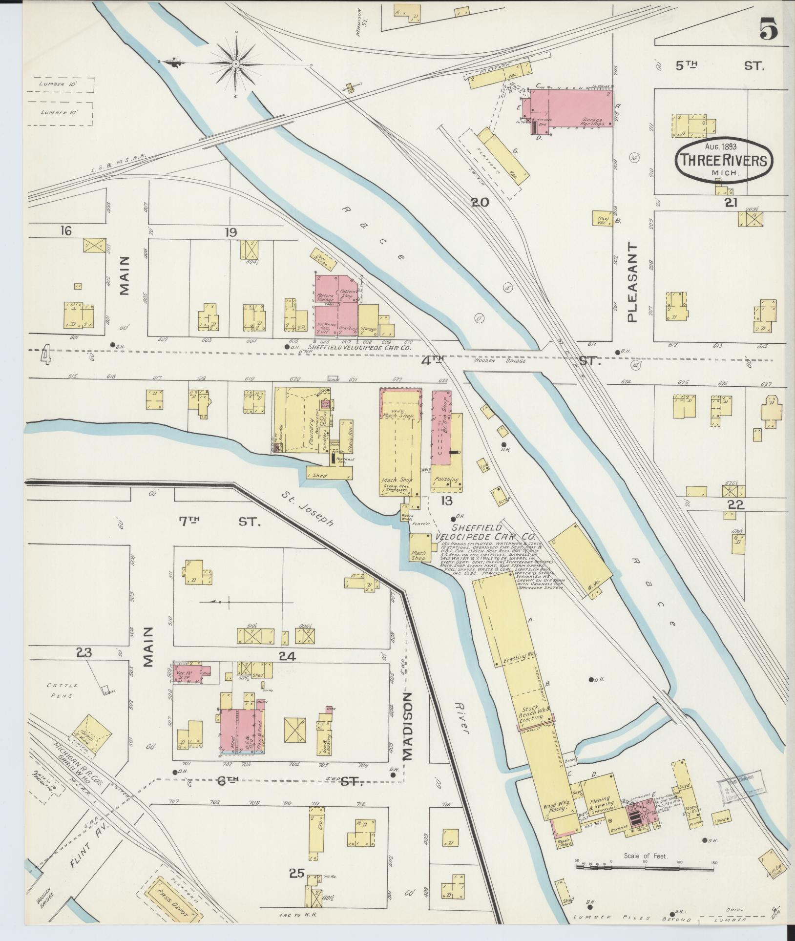 Sanborn Fire Insurance Map from Three Rivers, Saint Joseph County, Michigan (1893), Sheet #0005 - Historic Sanborn Fire Insurance Map Print, vintage old map wall art, antique decor, genealogy gift, Michigan Michigan map