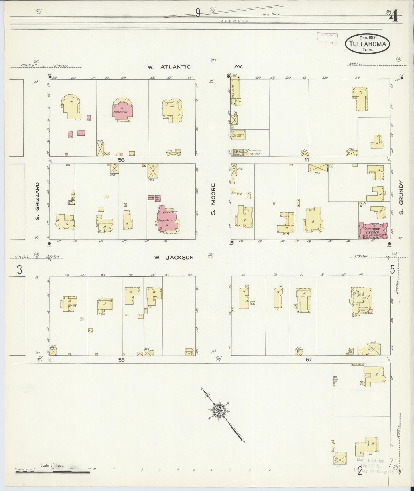 Sanborn Fire Insurance Map from Tullahoma, Coffee County, Tennessee (1913), Sheet #0004 - Complete Map Set gallery image, historic Sanborn map, vintage wall art, Tennessee Tennessee