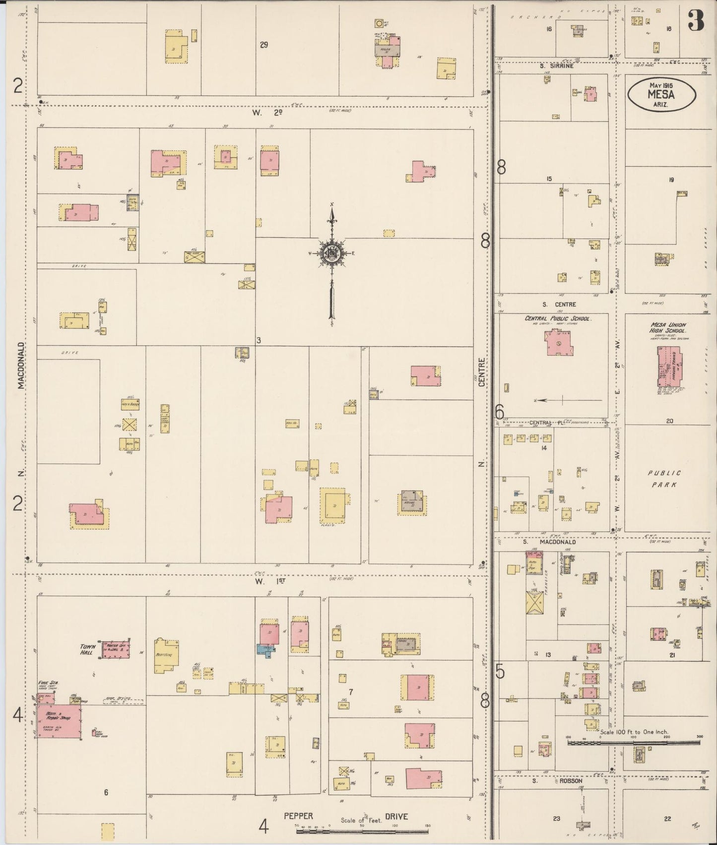Sanborn Fire Insurance Map from Mesa, Maricopa County, Arizona (1915), Sheet #0003 - Complete Map Set gallery image, historic Sanborn map, vintage wall art, Arizona Arizona