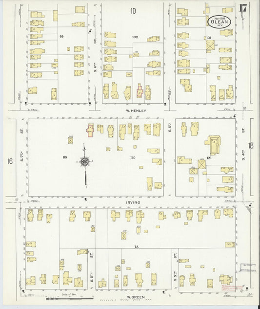Sanborn Fire Insurance Map from Olean, Cattaraugus County, New York (1909), Sheet #0017 - Historic Sanborn Fire Insurance Map Print, vintage old map wall art, antique decor, genealogy gift, New York New York map