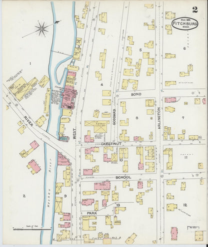 Sanborn Fire Insurance Map from Fitchburg, Worcester County, Massachusetts (1892), Sheet #0002 - Historic Sanborn Fire Insurance Map Print, vintage old map wall art, antique decor, genealogy gift, Massachusetts Massachusetts map