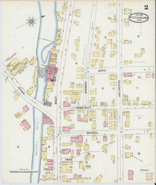 Sanborn Fire Insurance Map from Fitchburg, Worcester County, Massachusetts (1892), Sheet #0002 - Historic Sanborn Fire Insurance Map Print, vintage old map wall art, antique decor, genealogy gift, Massachusetts Massachusetts map