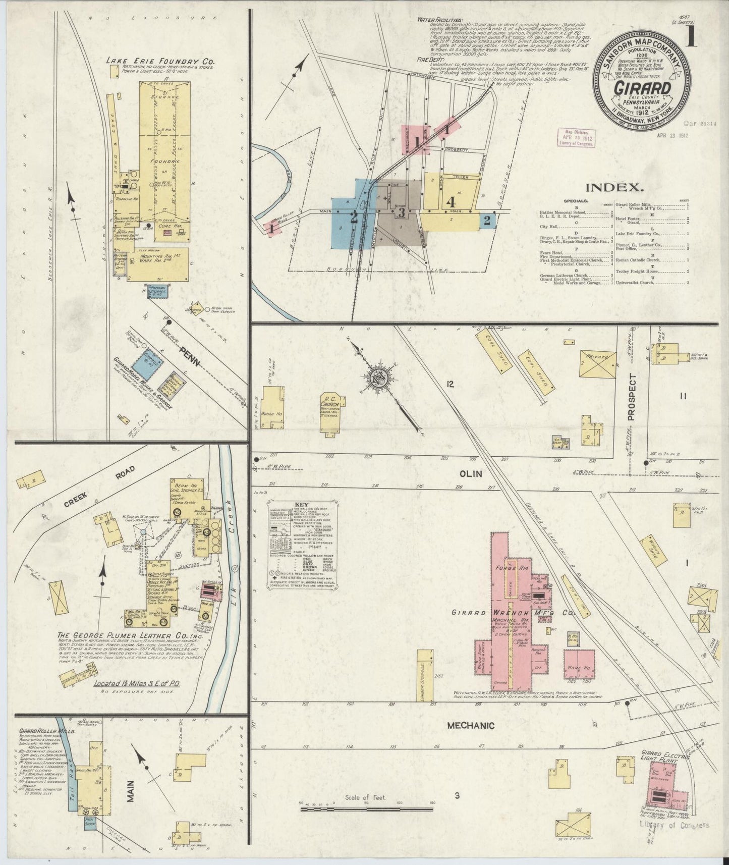 Sanborn Fire Insurance Map from Girard, Erie County, Pennsylvania (1912), Sheet #0001 - Historic Sanborn Fire Insurance Map Print, vintage old map wall art, antique decor, genealogy gift, Pennsylvania Pennsylvania map
