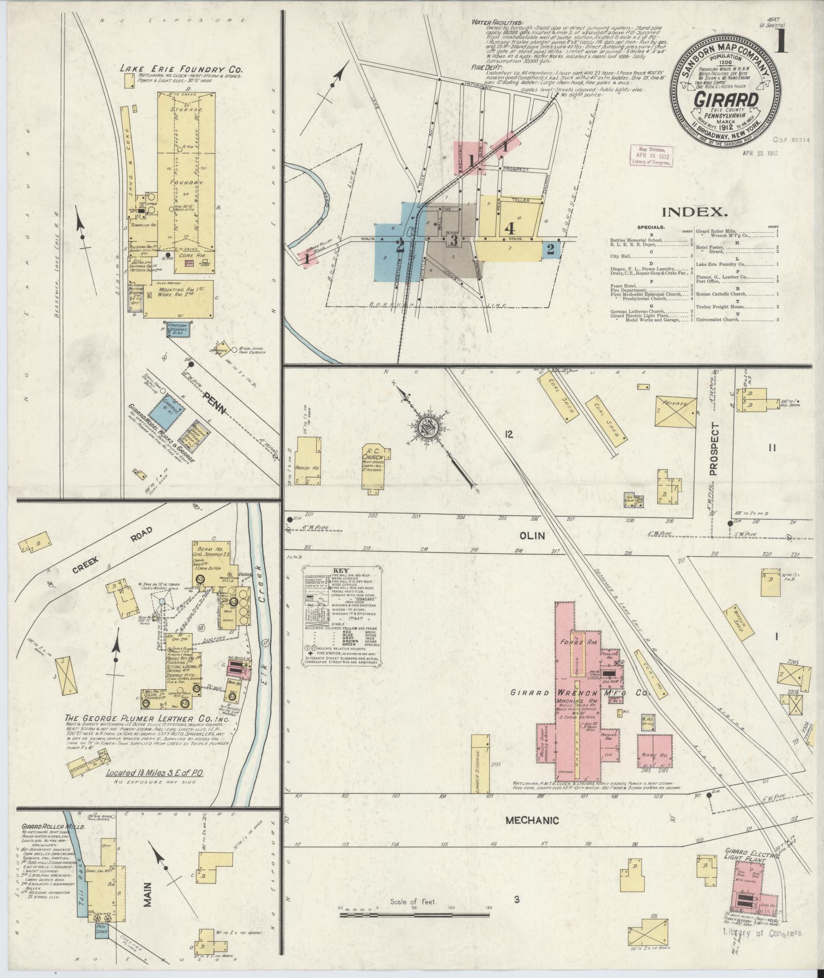 Sanborn Fire Insurance Map from Girard, Erie County, Pennsylvania (1912), Sheet #0001 - Historic Sanborn Fire Insurance Map Print, vintage old map wall art, antique decor, genealogy gift, Pennsylvania Pennsylvania map