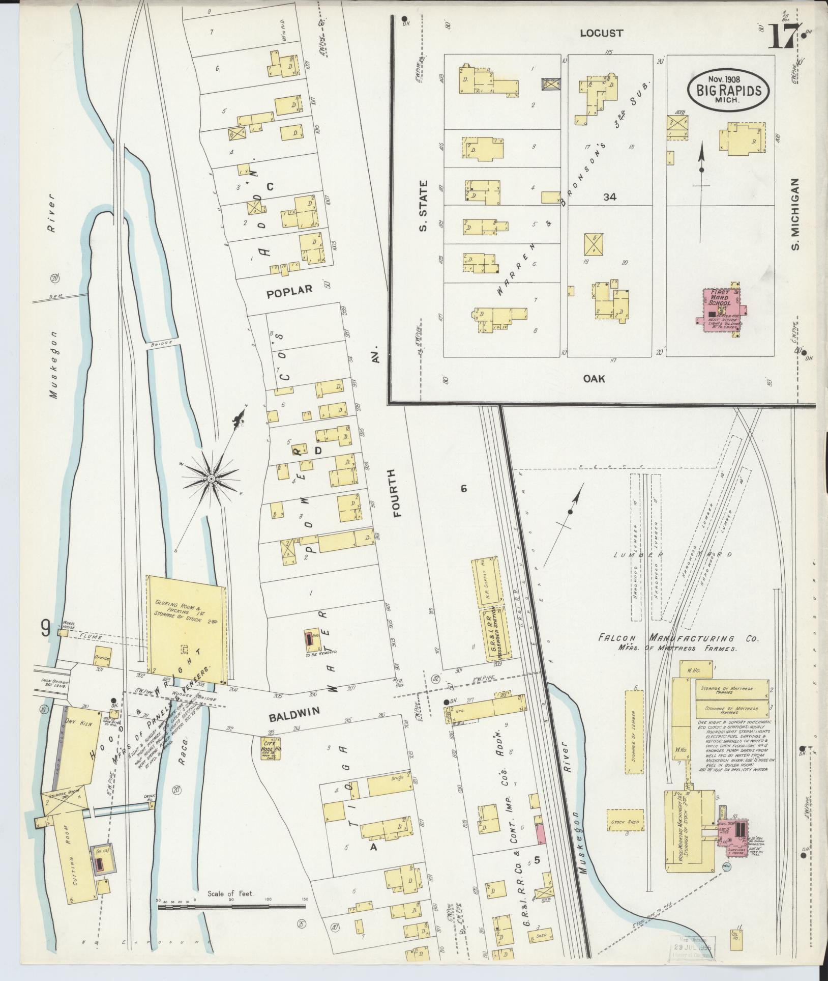 Sanborn Fire Insurance Map from Big Rapids, Mecosta County, Michigan (1908), Sheet #0017 - Historic Sanborn Fire Insurance Map Print, vintage old map wall art, antique decor, genealogy gift, Michigan Michigan map