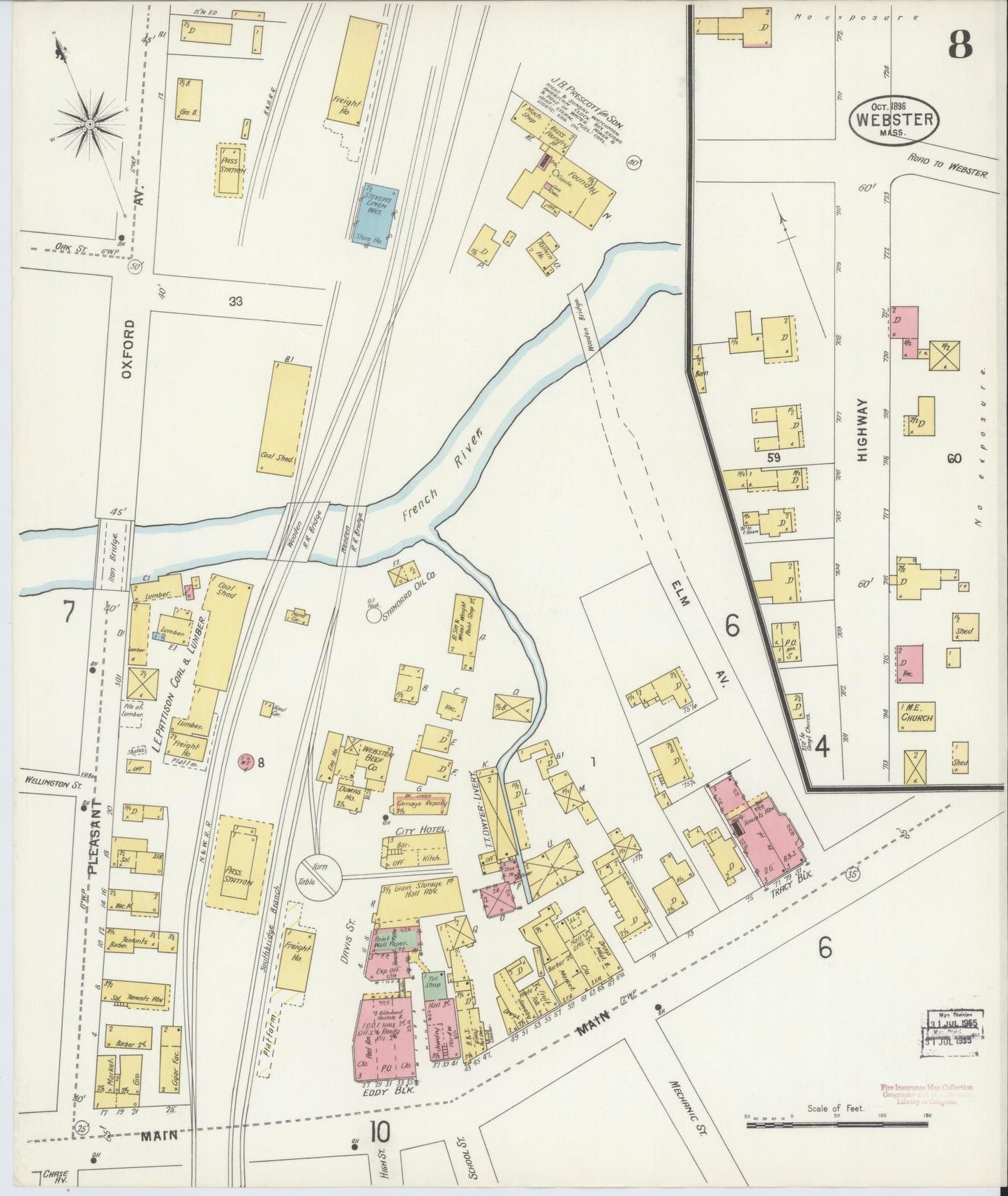 Sanborn Fire Insurance Map from Webster, Worcester County, Massachusetts (1898), Sheet #0008 - Historic Sanborn Fire Insurance Map Print, vintage old map wall art, antique decor, genealogy gift, Massachusetts Massachusetts map