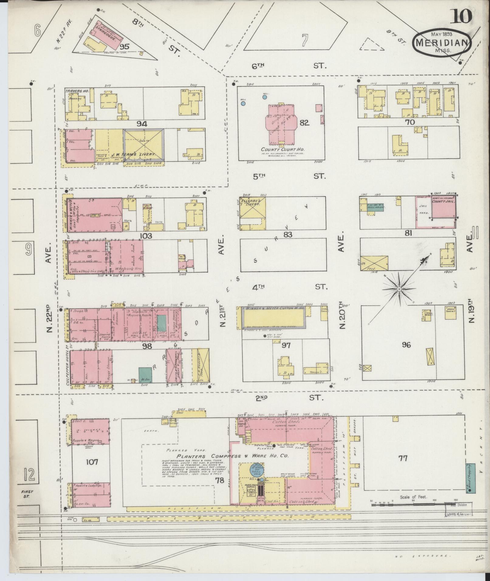 Sanborn Fire Insurance Map from Meridian, Lauderdale County, Mississippi (1893), Sheet #0010 - Complete Map Set gallery image, historic Sanborn map, vintage wall art, Mississippi Mississippi