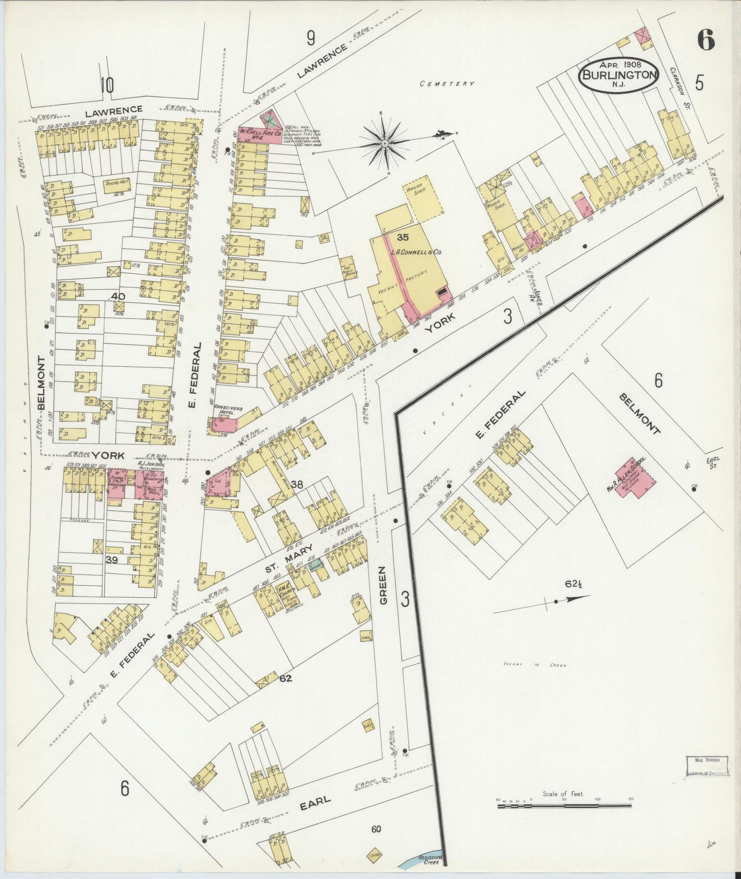 Sanborn Fire Insurance Map from Burlington, Burlington County, New Jersey (1908), Sheet #0005 - Complete Map Set gallery image, historic Sanborn map, vintage wall art, New Jersey New Jersey