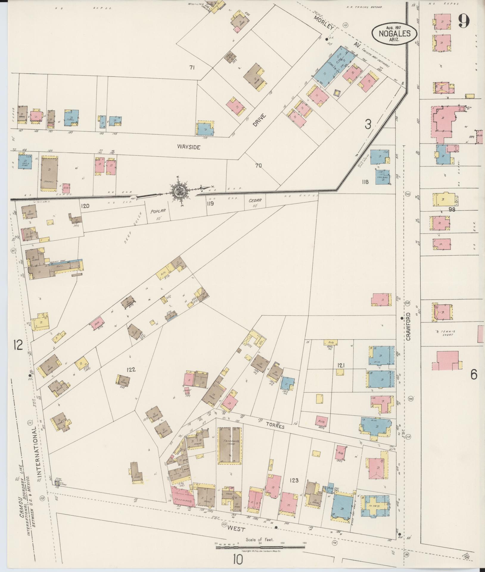 Sanborn Fire Insurance Map from Nogales, Santa Cruz County, Arizona (1917), Sheet #0009 - Historic Sanborn Fire Insurance Map Print, vintage old map wall art, antique decor, genealogy gift, Arizona Arizona map