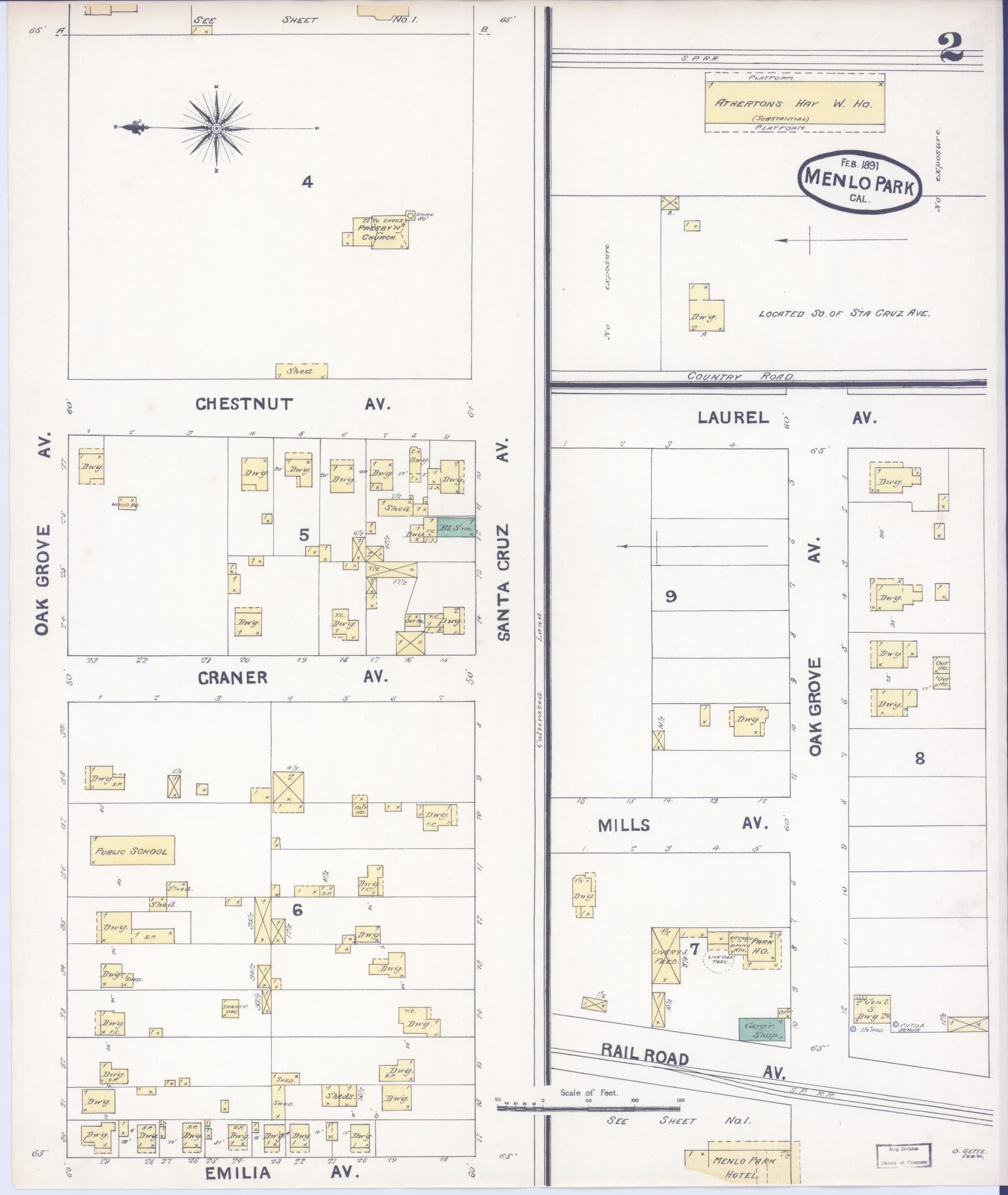 Sanborn Fire Insurance Map from Menlo Park, San Mateo County, California (1891), Sheet #0002 - Historic Sanborn Fire Insurance Map Print, vintage old map wall art, antique decor, genealogy gift, California California map