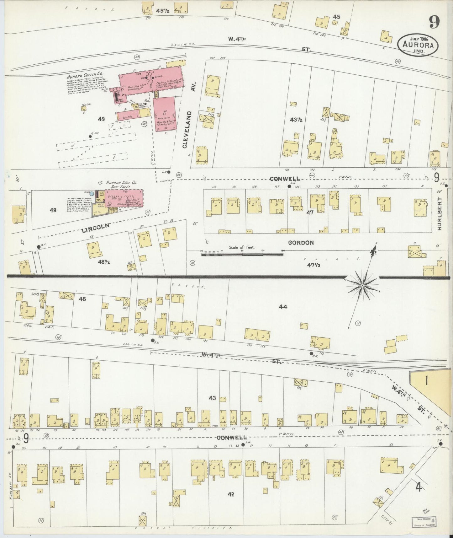Sanborn Fire Insurance Map from Aurora, Dearborn County, Indiana (1906), Sheet #0009 - Historic Sanborn Fire Insurance Map Print, vintage old map wall art, antique decor, genealogy gift, Indiana Indiana map