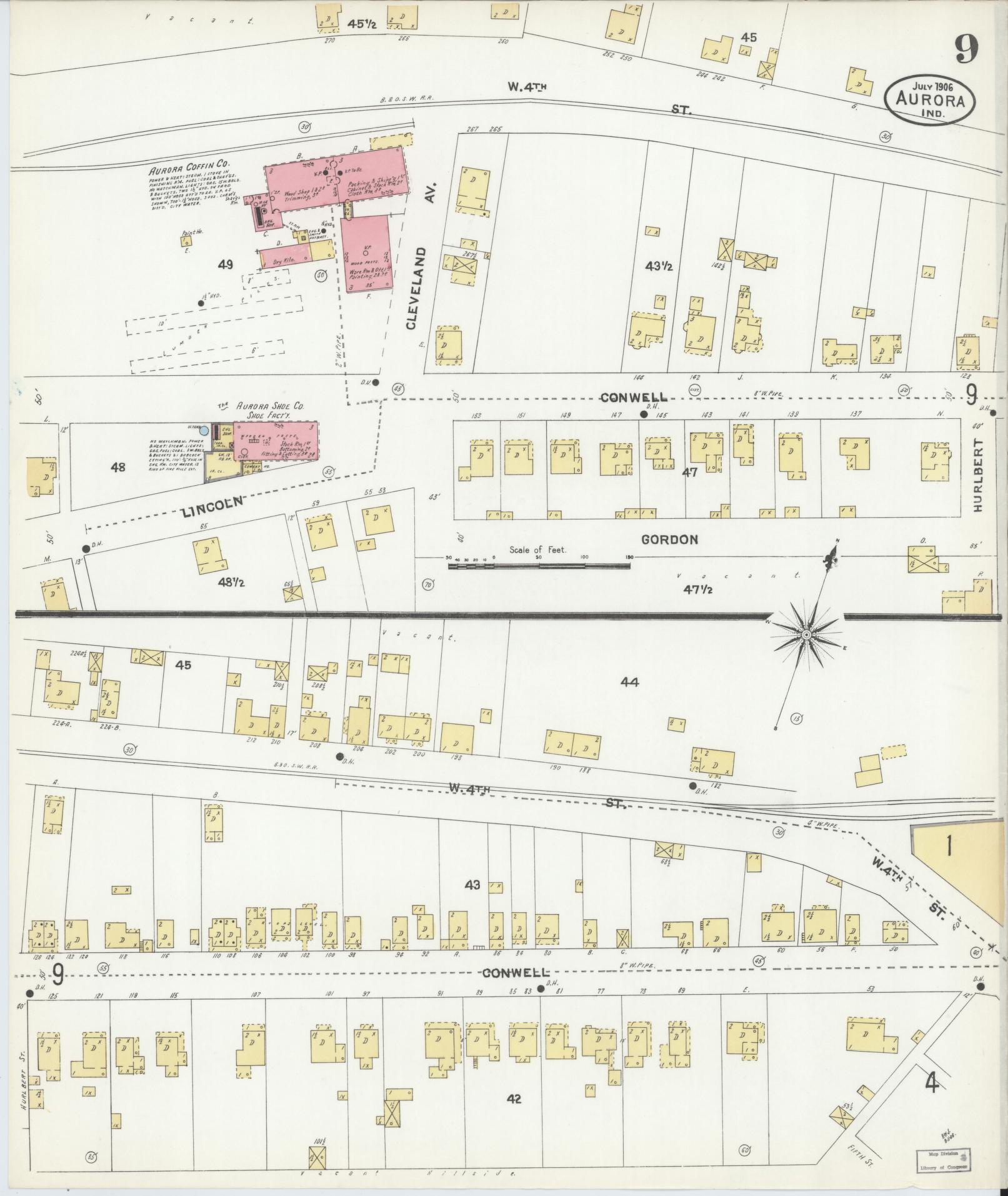 Sanborn Fire Insurance Map from Aurora, Dearborn County, Indiana (1906), Sheet #0009 - Historic Sanborn Fire Insurance Map Print, vintage old map wall art, antique decor, genealogy gift, Indiana Indiana map