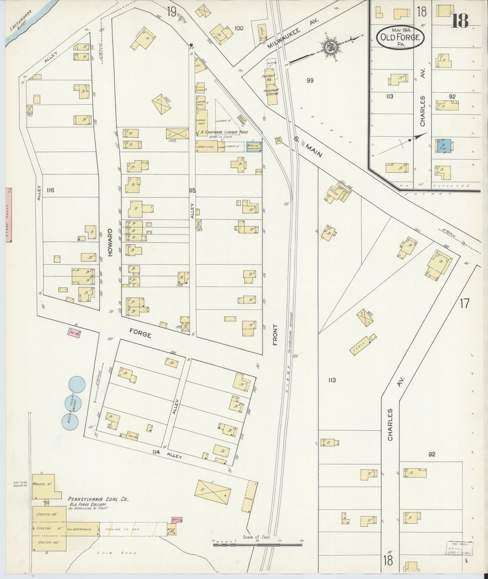 Sanborn Fire Insurance Map from Old Forge, Lackawanna County, Pennsylvania (1914), Sheet #0018 - Historic Sanborn Fire Insurance Map Print, vintage old map wall art, antique decor, genealogy gift, Pennsylvania Pennsylvania map