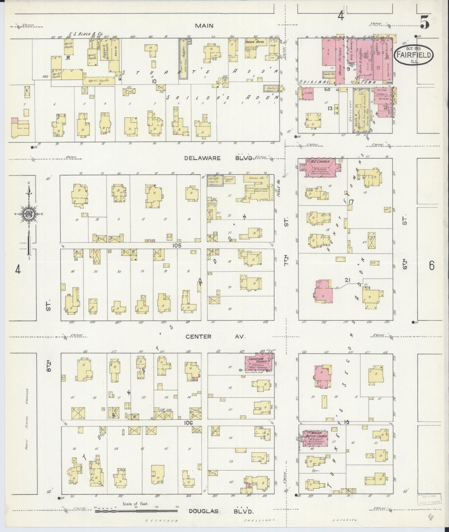 Sanborn Fire Insurance Map from Fairfield, Wayne County, Illinois (1913), Sheet #0005 - Historic Sanborn Fire Insurance Map Print, vintage old map wall art, antique decor, genealogy gift, Illinois Illinois map