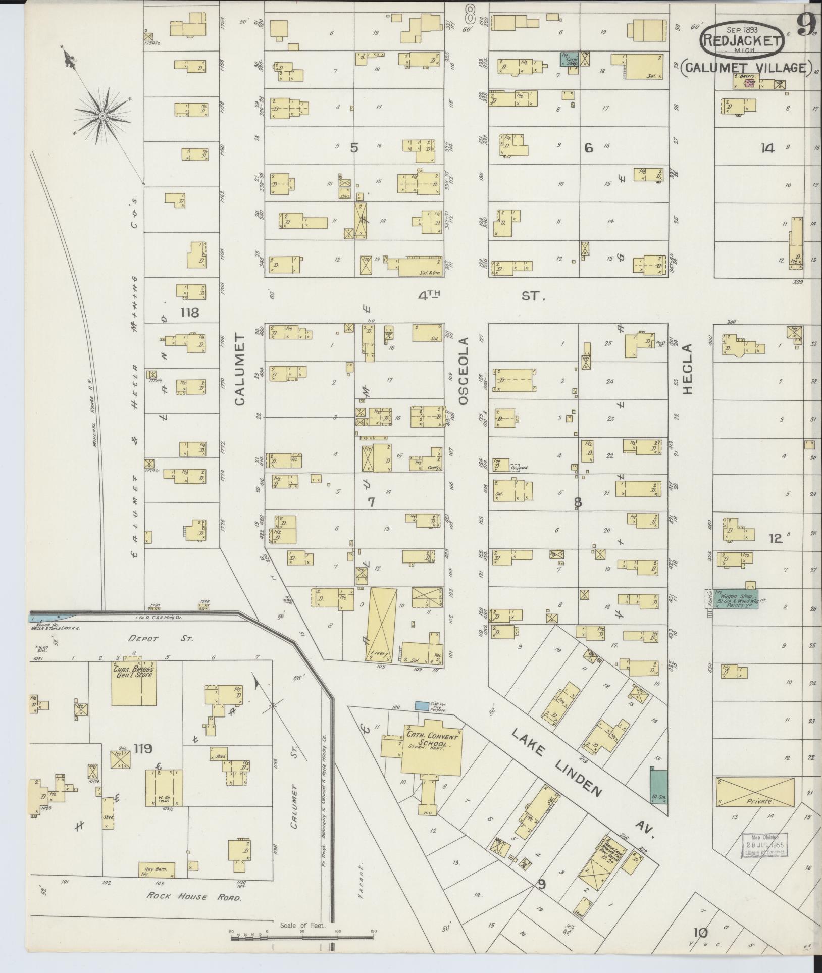 Sanborn Fire Insurance Map from Red Jacket, Houghton County, Michigan (1893), Sheet #0009 - Historic Sanborn Fire Insurance Map Print, vintage old map wall art, antique decor, genealogy gift, Michigan Michigan map