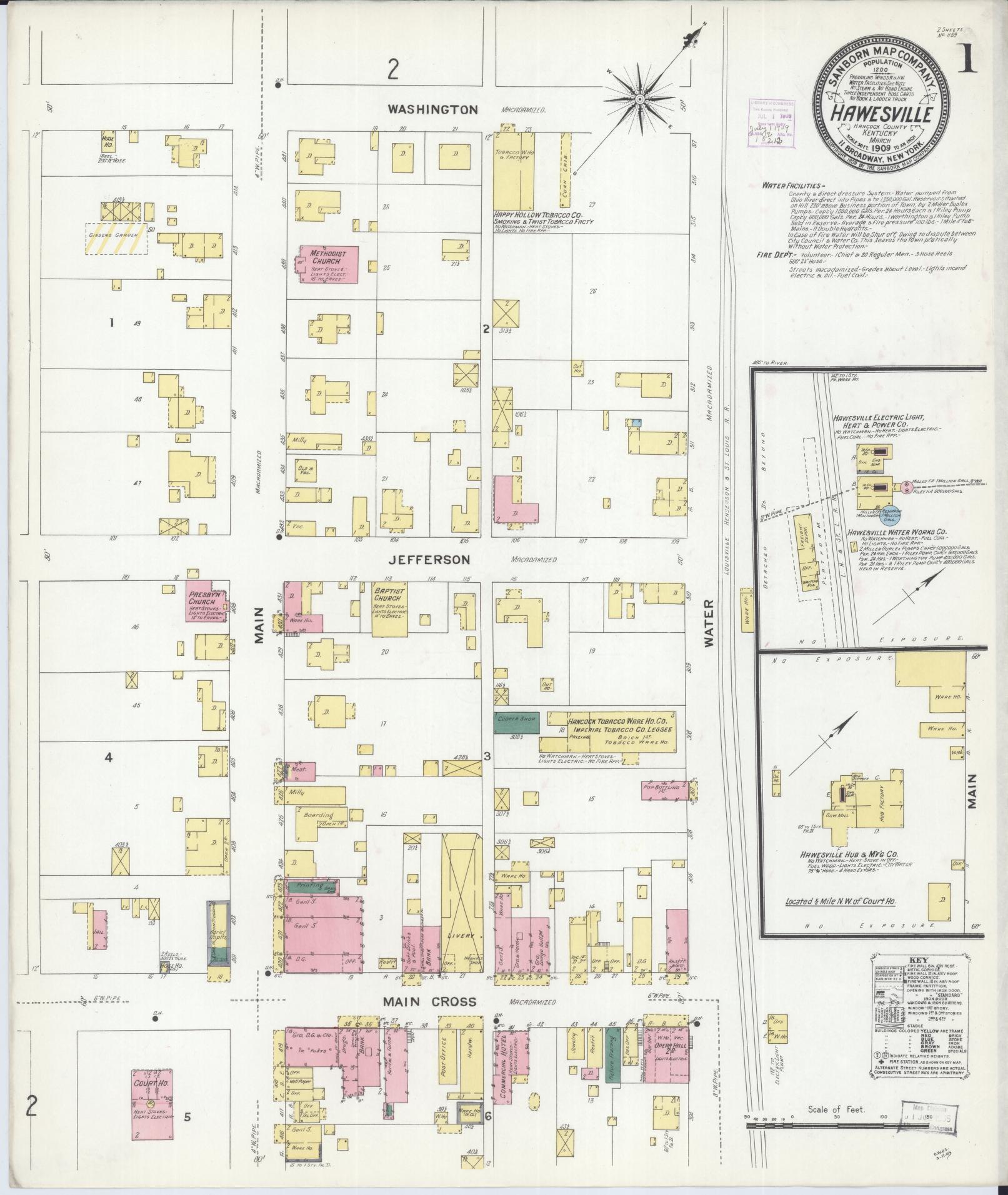 Sanborn Fire Insurance Map from Hawesville, Hancock County, Kentucky (1909), Sheet #0001 - Complete Map Set gallery image, historic Sanborn map, vintage wall art, Kentucky Kentucky